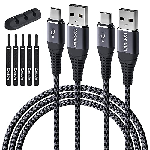 Fast Charging USB C Cable 3A 2 Feet (2 Pack) - Durable Nylon Braided A to Type C Cord for Samsung Galaxy S20/S10/S9/S8/Note 20/10, LG V30/V20 - Includes Cable Holder Clip & 5 Cable Ties - Perfect for Home, Office & Travel Charging Needs