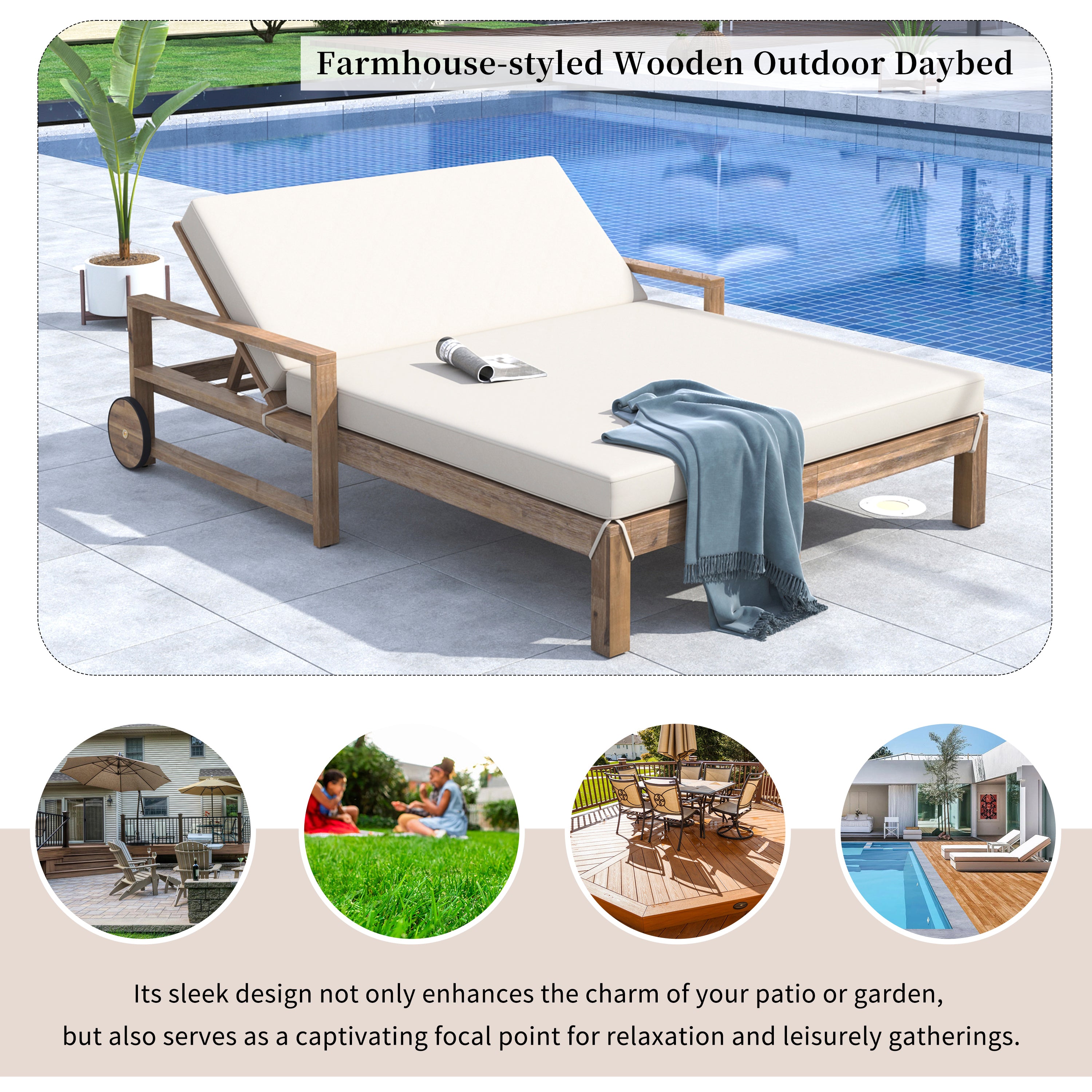 Farmhouse Style Wooden Outdoor Sunbed - 2 Person Daybed for Poolside, Garden & Backyard - Beige Patio Lounge Chair for Relaxing in Sun or Shade