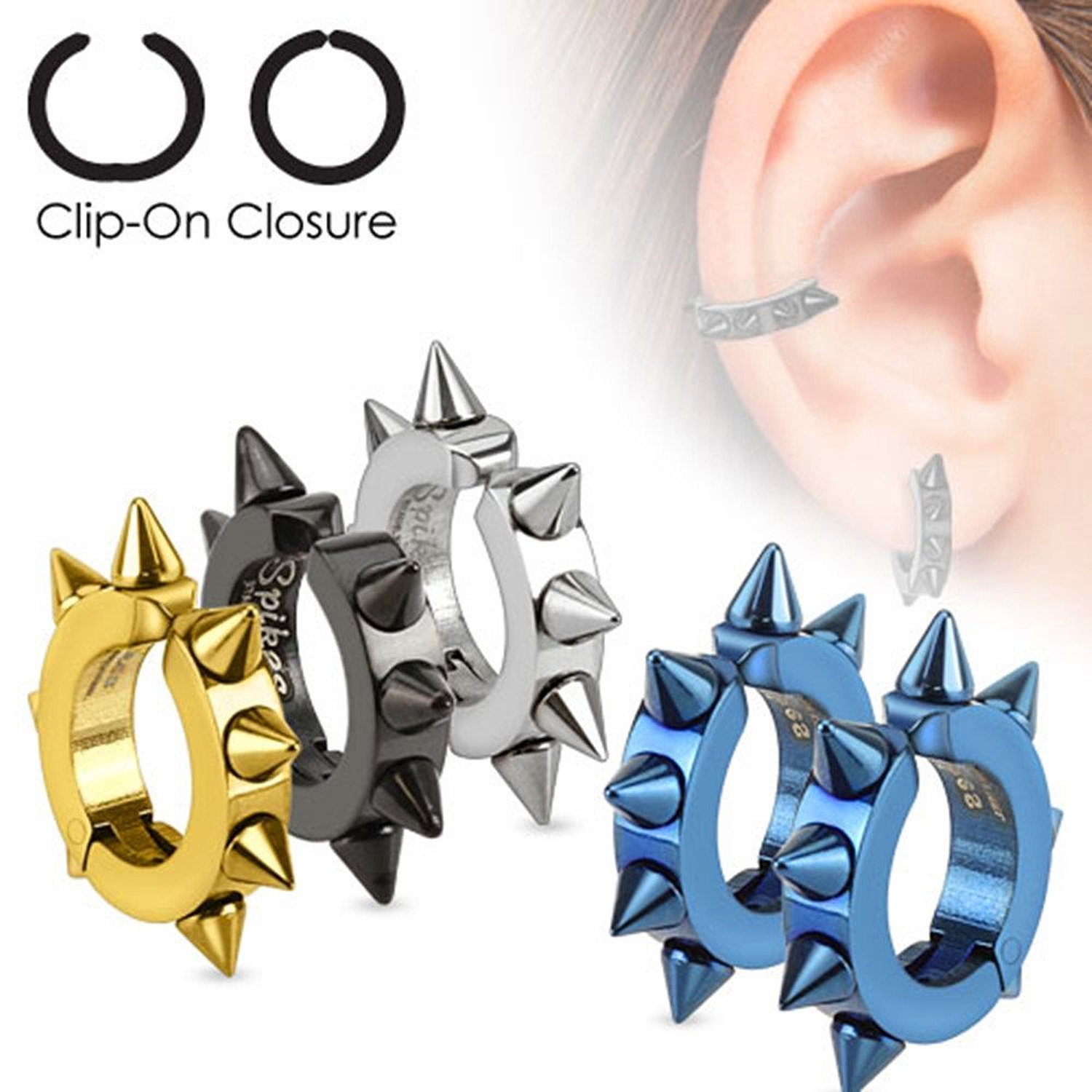 Blue 316L Surgical Steel Non-Piercing Oval Hoop Earrings - Hypoallergenic Fashion Spikes for Women & Teens - Perfect for Parties, Work & Everyday Wear