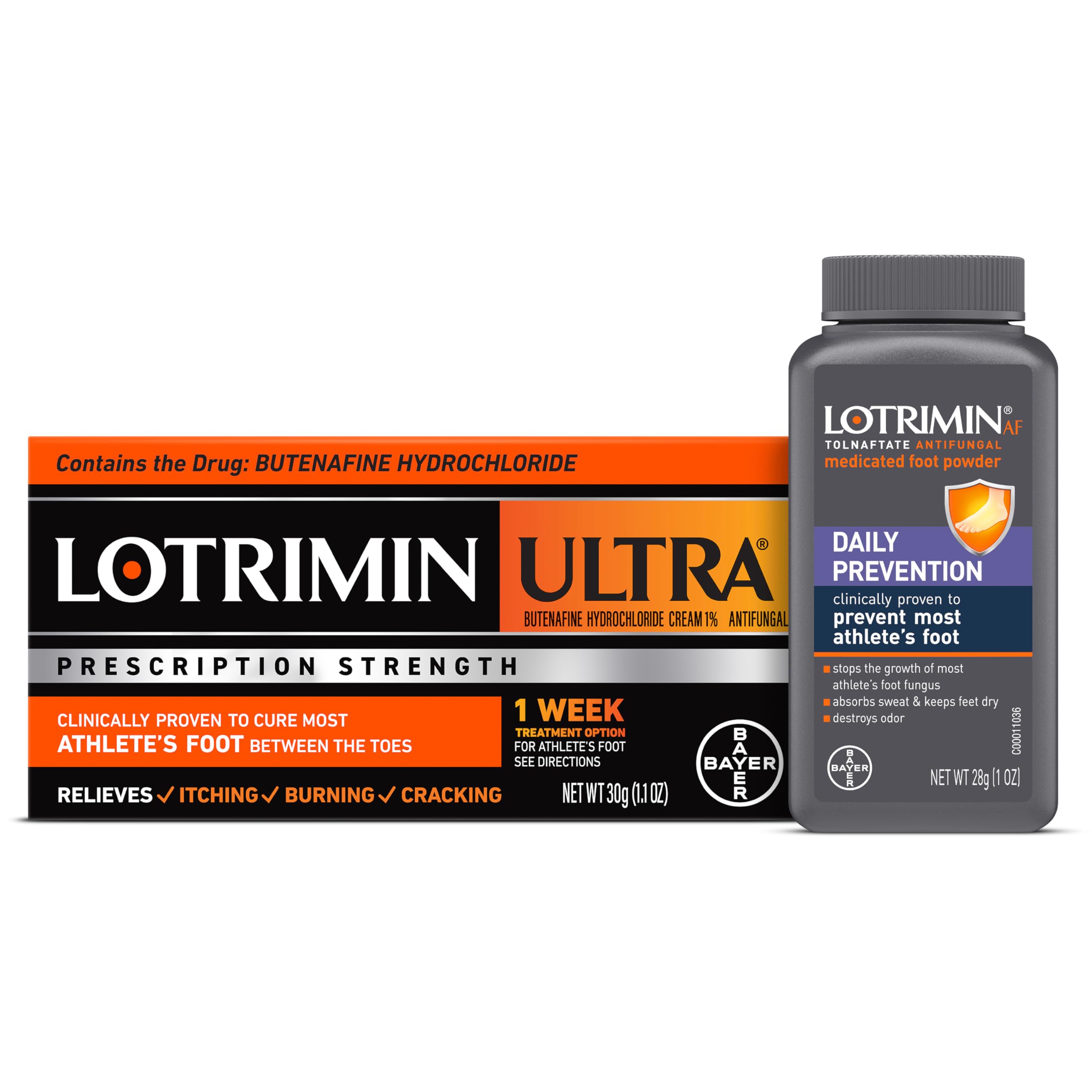 Lotrimin Ultra Athlete's Foot Treatment Cream 1.1oz + Medicated Foot Powder 1oz - Fast Itch Relief for Jock Itch & Ringworm - Daily Prevention for Gym, Pool & Locker Room Use