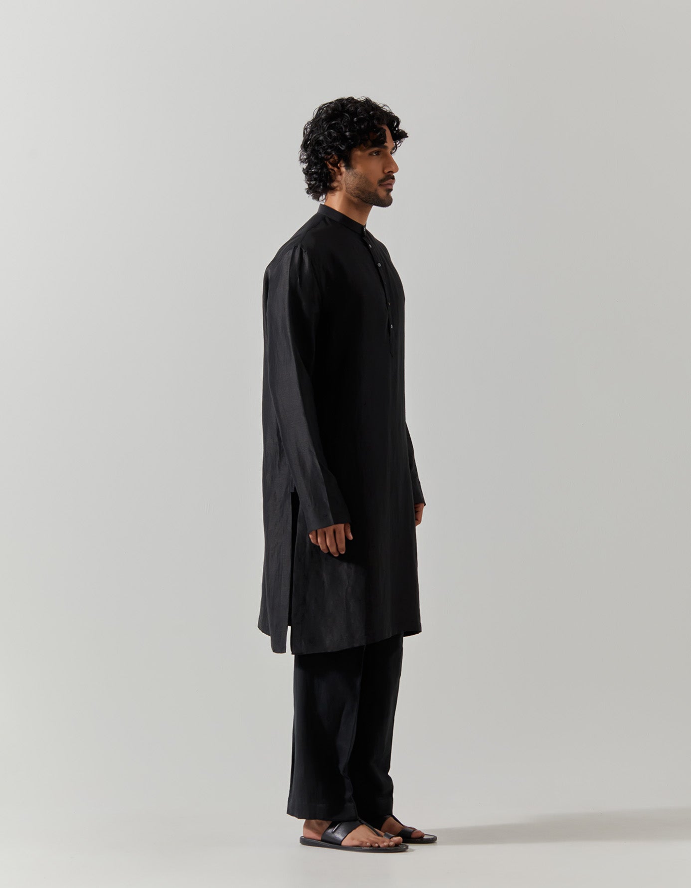 Bade Miyan Kurta for Men - Black Satin Linen Tunic Shirt - Perfect for Eid, Weddings & Festive Occasions