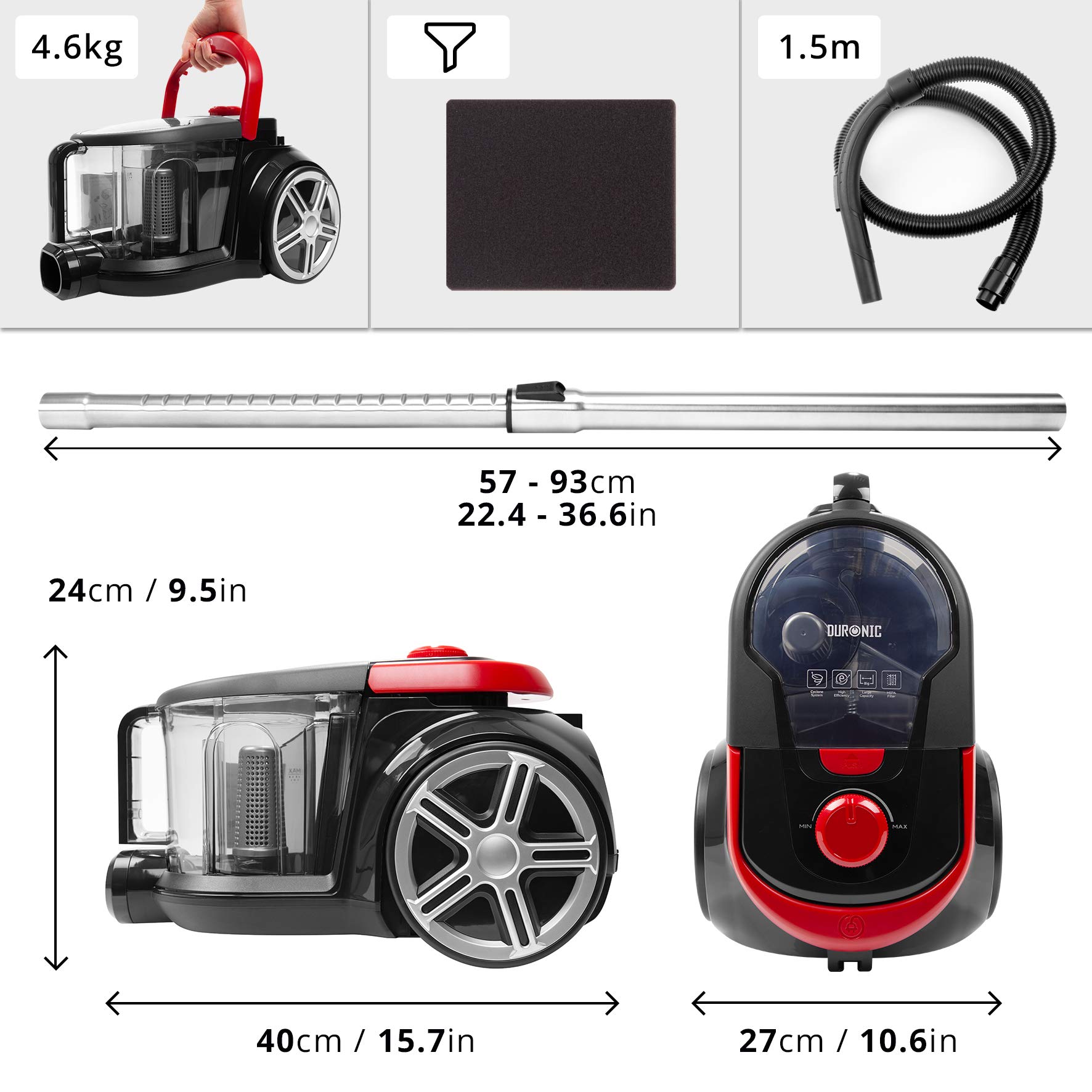 **Duronic VC7020 Bagless Cylinder Vacuum Cleaner with Crevice & Turbo Brush - Powerful Suction for Pet Hair, Carpets, Hardwood Floors & Upholstery - Ideal for Home, Office & Car Cleaning**