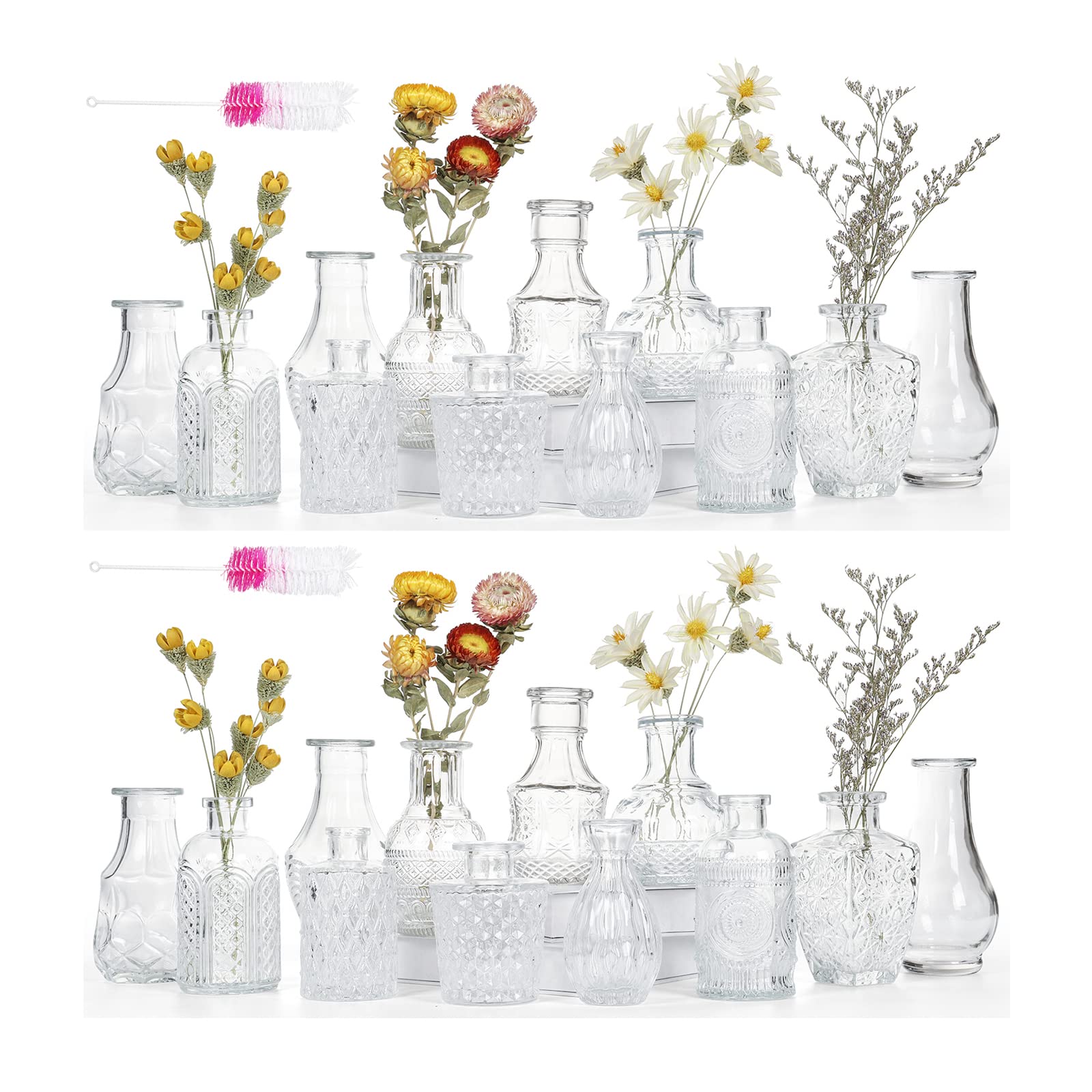24-Piece Glass Bud Vase Set with 2 Brushes - Clear Mini Vases for Wedding Centerpieces, Rustic Decor & Home Table Flowers | Bulk Vintage Wedding Decorations for Tables, Events & DIY Floral Arrangements