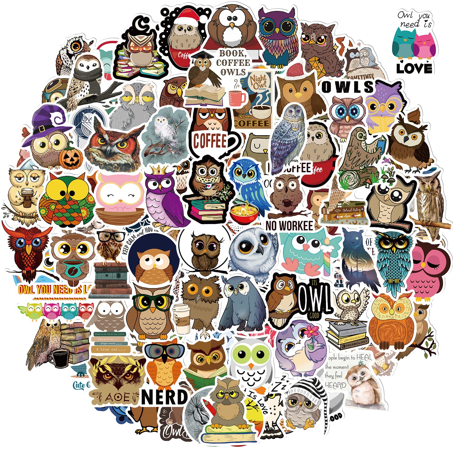 100pcs Cute Owl Stickers - Waterproof Vinyl Decals for Laptop, Water Bottle, Notebook, Phone - Perfect for DIY Crafts, Scrapbooking & School Supplies
