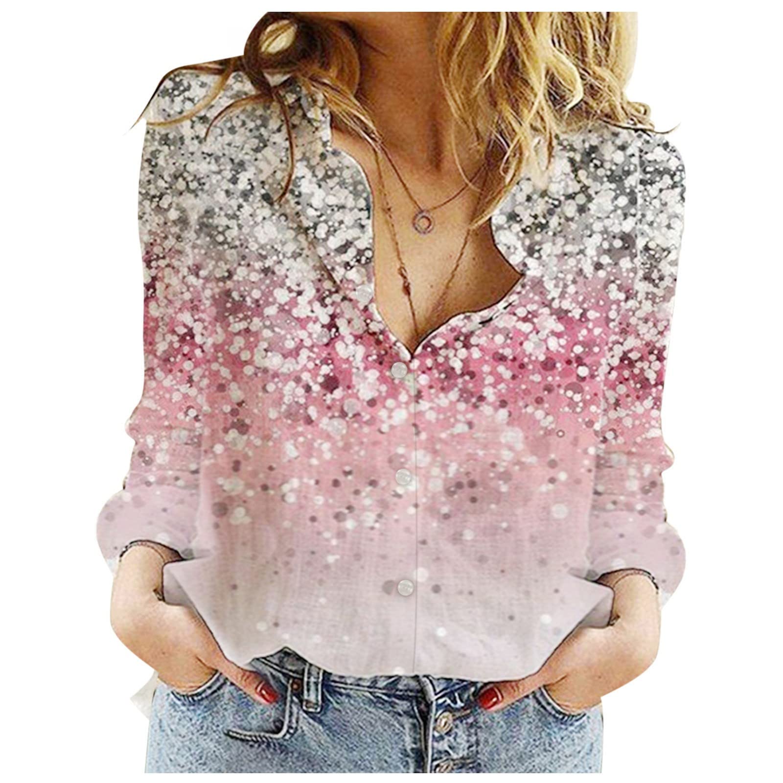 Women's Long Sleeve Button Down Shirts - Casual Office Blouse with Trendy Print, Loose V-Neck & Collar for Business Wear | Perfect for Work, Meetings & Professional Outfits