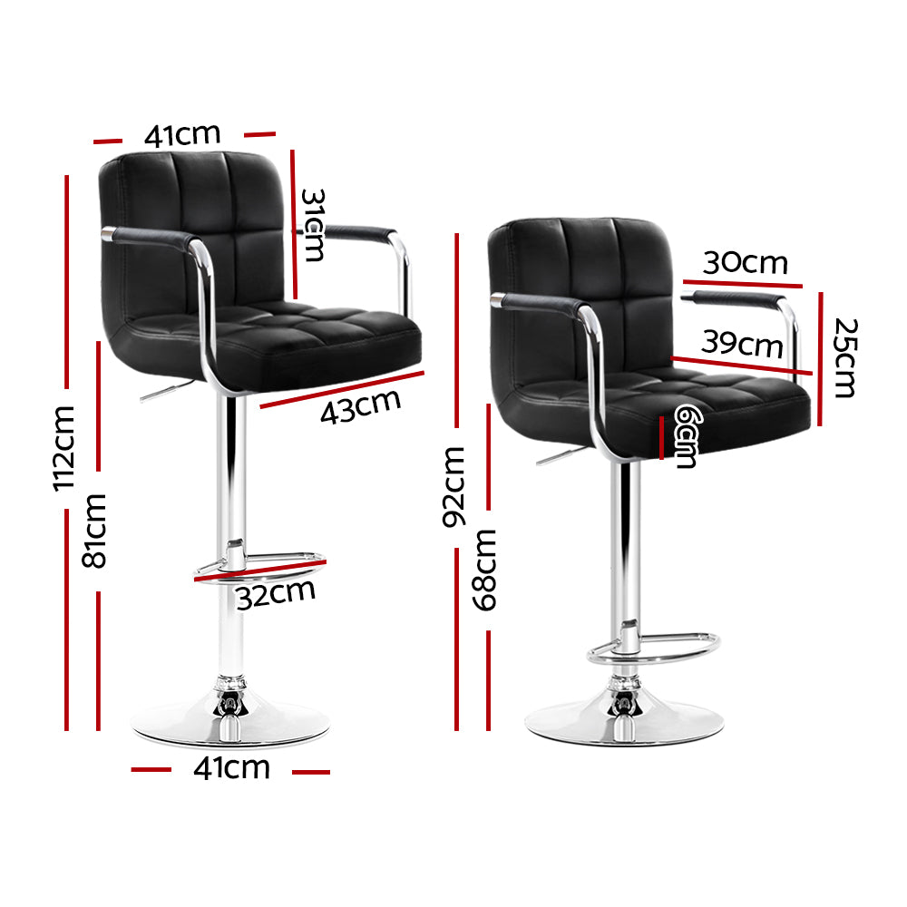 Black Leather Bar Stools with Gas Lift and Armrests - Adjustable Height for Kitchen Island, Breakfast Nook & Home Bar Seating