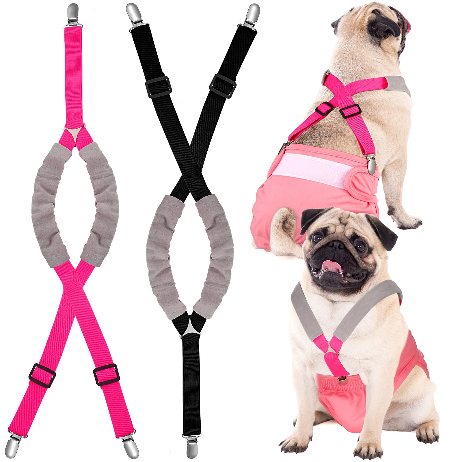 Saintrygo 2 Pack Dog Suspenders for Diapers - Adjustable Belly Bands Harness for Small Medium Large Dogs - Keep Diaper Secure (Black & Pink, Small) - Perfect for Incontinence, Travel & Post-Surgery Care