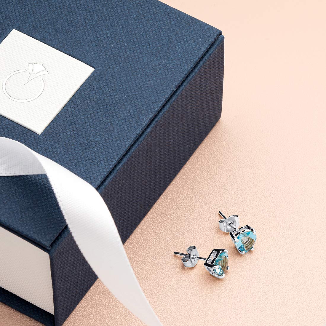 Peora Swiss Blue Topaz Heart Stud Earrings for Women - 14K White Gold, Genuine Gemstone, 6mm (1.75 Carats) Solitaire Studs with Friction Back - December Birthstone Jewelry - Perfect Gift for Anniversary, Birthday & Valentine's Day