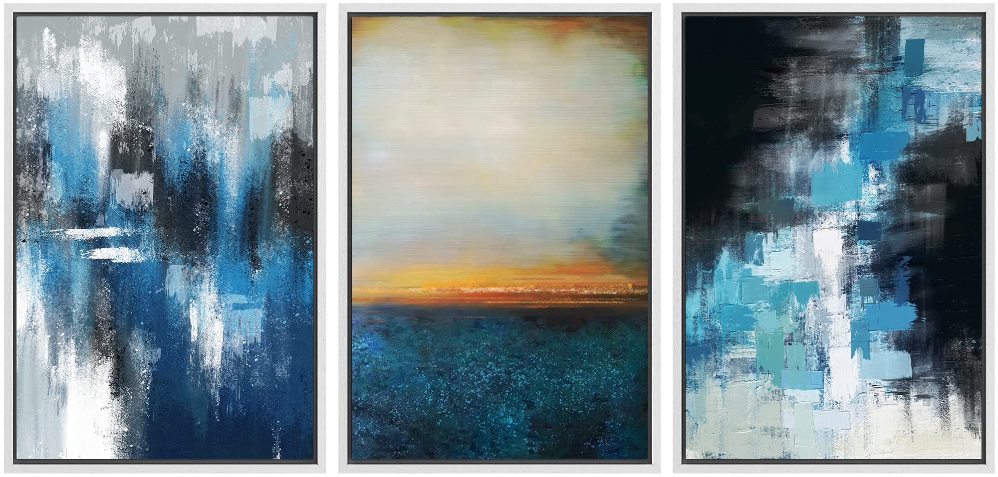 Modern Abstract Framed Canvas Wall Art - Industrial Paint Strokes & Sunset Horizon Nature Illustrations, Rustic Colorful Decor for Living Room, Bedroom, Office (24