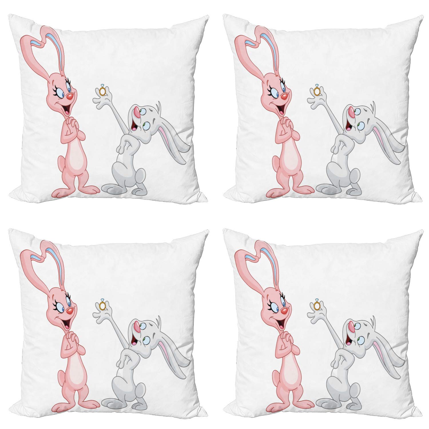 Ambesonne 4-Pack Engagement Party Decorative Throw Pillow Covers - Cartoon Bunny Proposal with Wedding Ring Design, 24x24 Inch Square Cushion Covers for Sofa, Couch, Living Room & Car - Pale Pink & Grey - Perfect for Wedding Decor, Anniversary Gifts & Romantic Home Decor