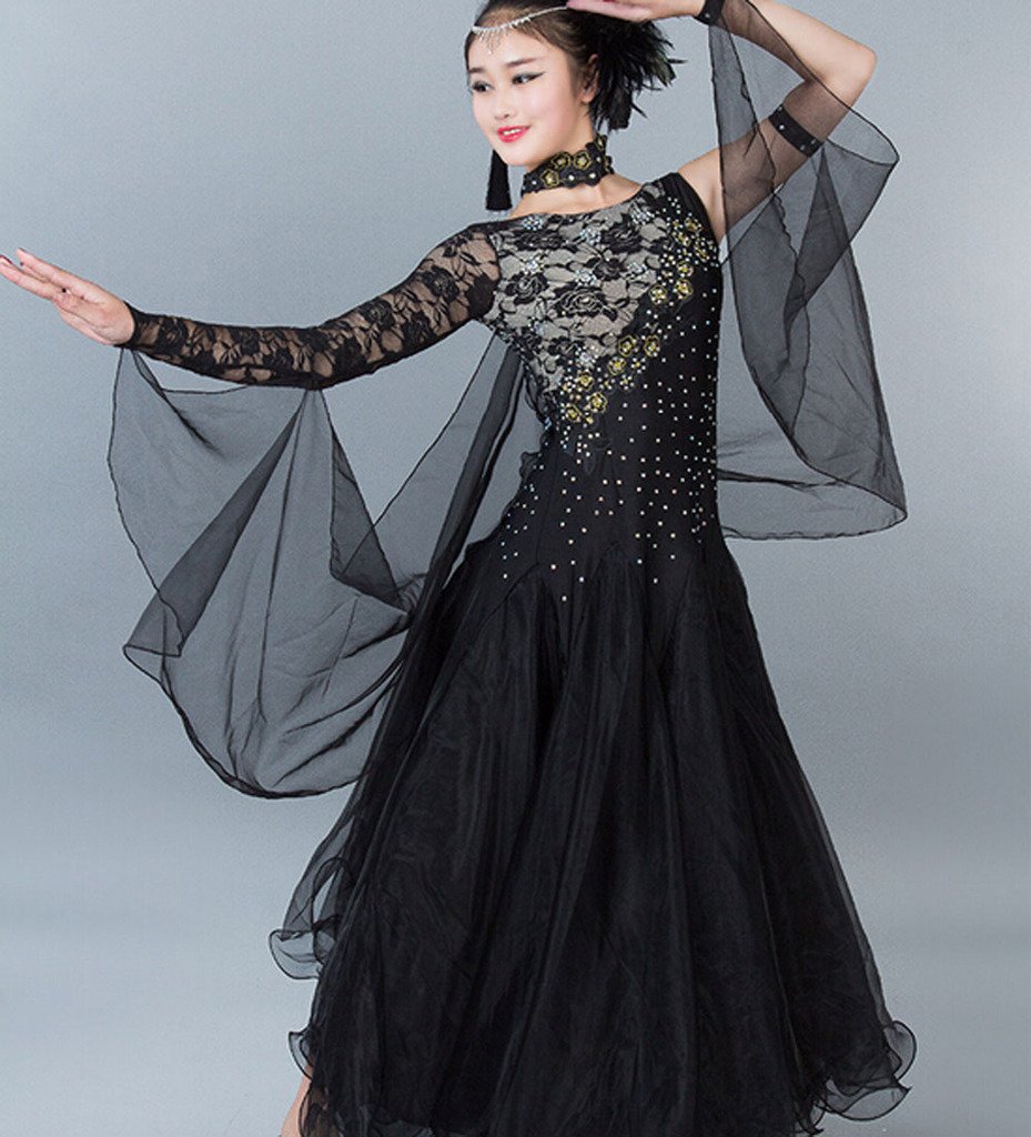 Elegant Black Women's Ballroom Dance Dress for Waltz, Tango & Smooth - Size M | Professional Standard Competition Dress for Latin & Social Dancing