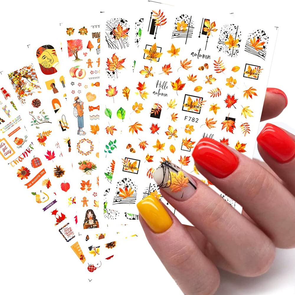 Fall Nail Art Stickers - 3D Self-Adhesive Maple Leaf Nail Decals for Thanksgiving & Autumn Nail Designs | 6 Sheets of Nail Foil Stickers for Acrylic Nails, Perfect for Thanksgiving Day Decorations & Seasonal Nail Art