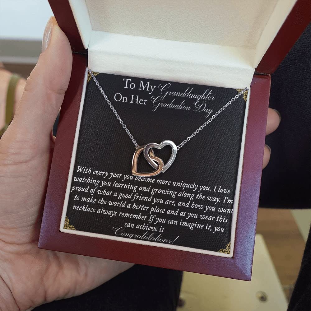 Interlocking Hearts Necklace for Granddaughter - Graduation Gift for College & High School Class of 2022 - Jewelry with Message Card - Perfect for Graduation Ceremonies, Birthday Celebrations & Special Occasions
