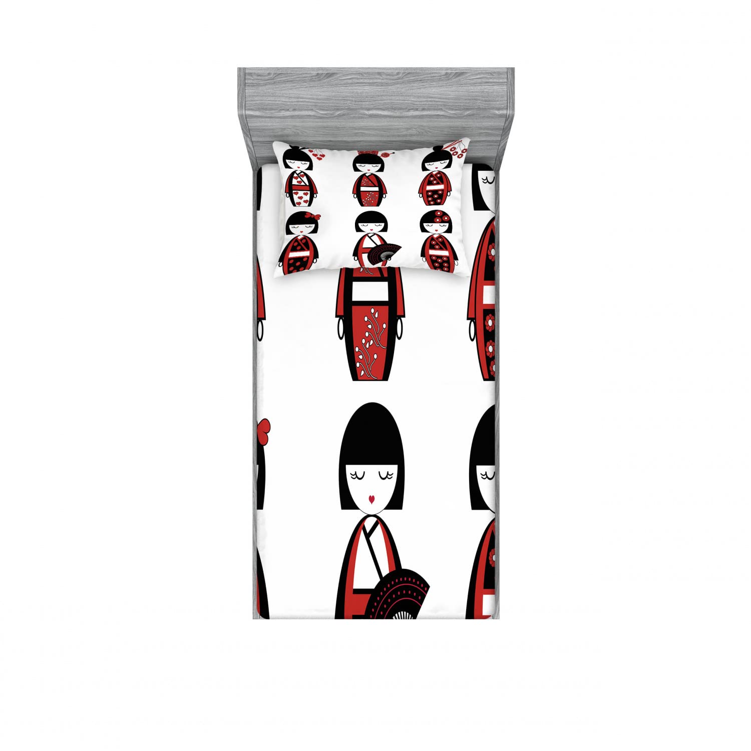 Ambesonne 2-Piece Twin Size Fitted Sheet Set with 2 Pillow Shams - Japanese Geisha Dolls Folk Art Design in Black & Red - 4-PC Bedding Collection for Guest Room, Dorm, or Kids' Bedroom Decor