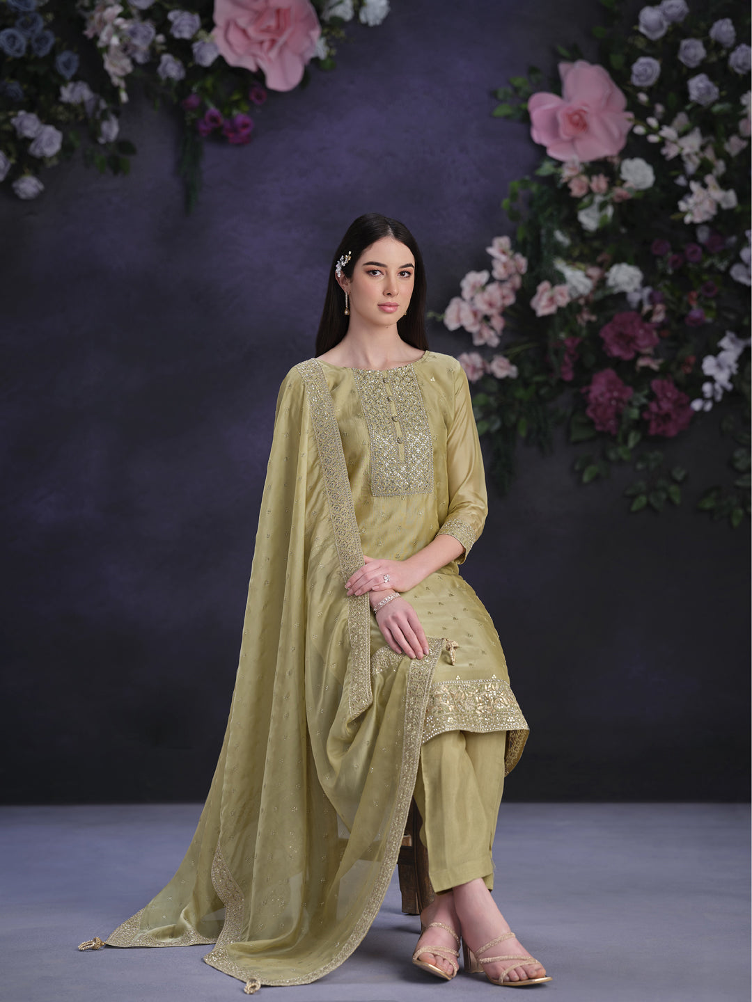 Elegant Beige Designer Semi Stitched Pant Suit with Exquisite Embroidery - Perfect for Weddings, Parties & Formal Occasions