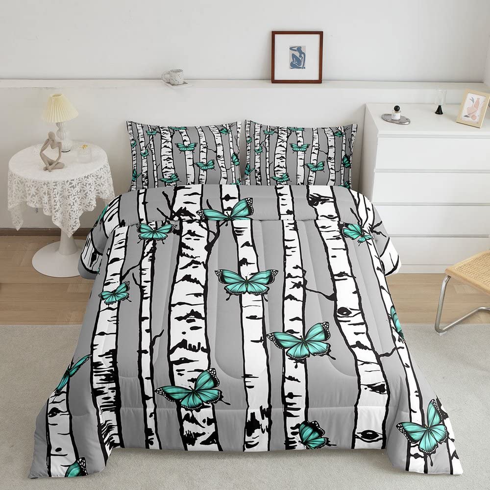 Blue Butterfly Comforter Set - Twin Size Vintage Rustic Style Bedding with 1 Pillowcase & 2 Pcs - Cute Jungle Animal Quilted Duvet for Kids Girls Room Decor - Perfect Gift for Birthday, Nursery, or Cozy Bedroom Makeover