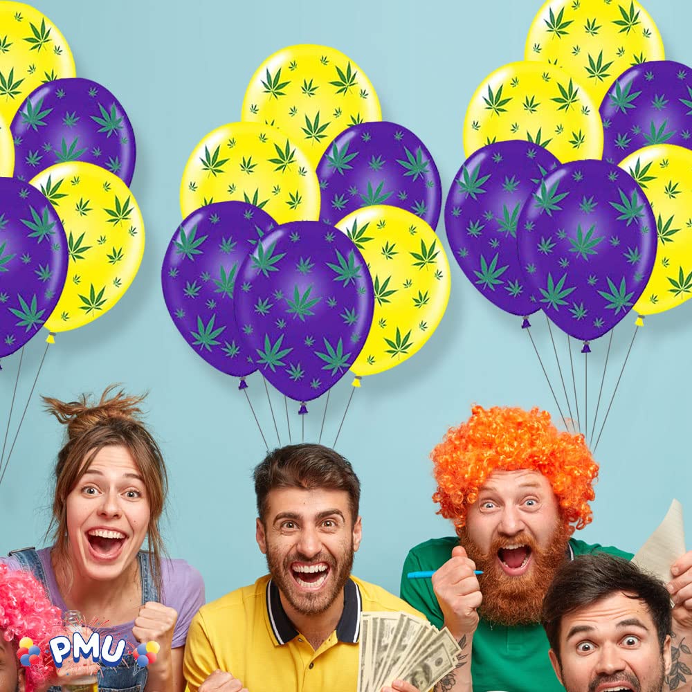 Premium 11-Inch Yellow & Purple Marijuana Balloons with Green Leaf Print - Pack of 100 for 420 Parties, Cannabis Celebrations & Stoner Events