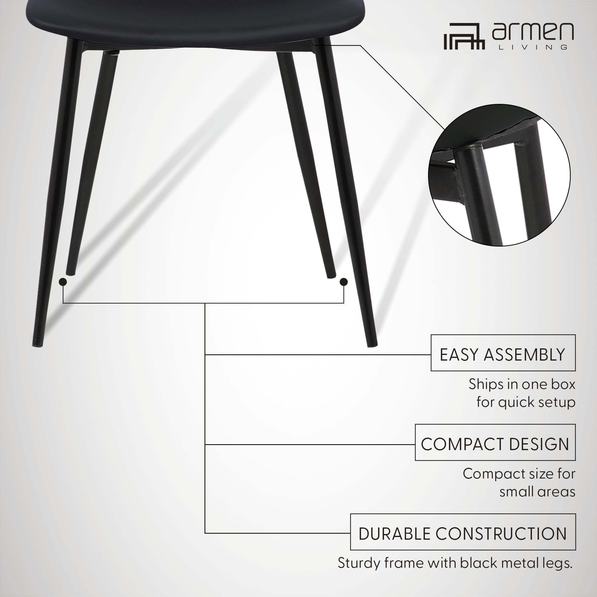 Armen Living Monte Mid Century Modern Dining Chair - Black Faux Leather Upholstery with Black Metal Legs - Perfect for Kitchen, Dining Table, Home Office Desk & Vanity Area