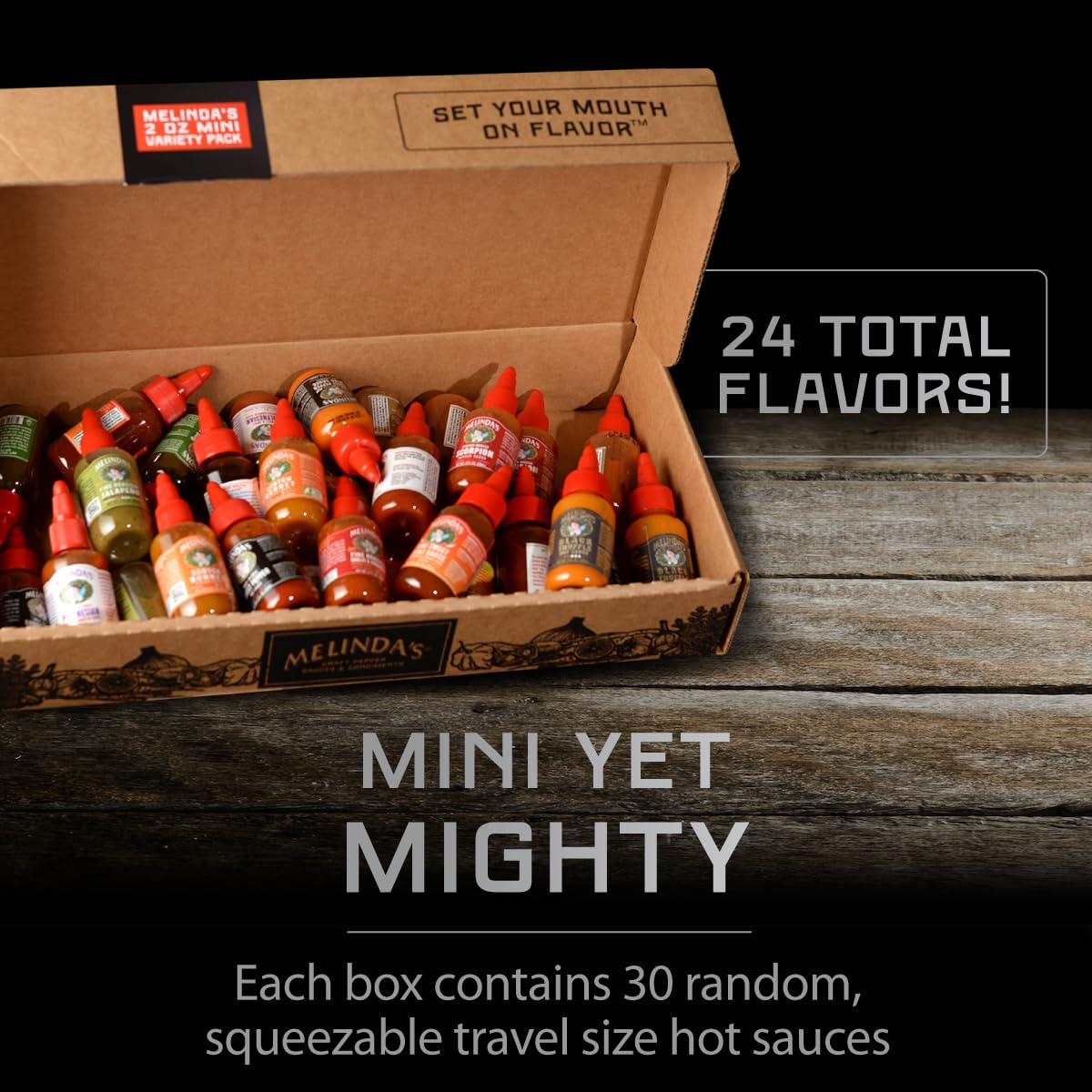 Melinda’s Mini Hot Sauce Variety Pack - 30 Pack (2 Oz Each) - Gourmet Hot Sauce Gift Set with Travel-Sized Bottles - 15 Flavor Options - Perfect for Gifts, Parties, Camping & Spicy Food Lovers