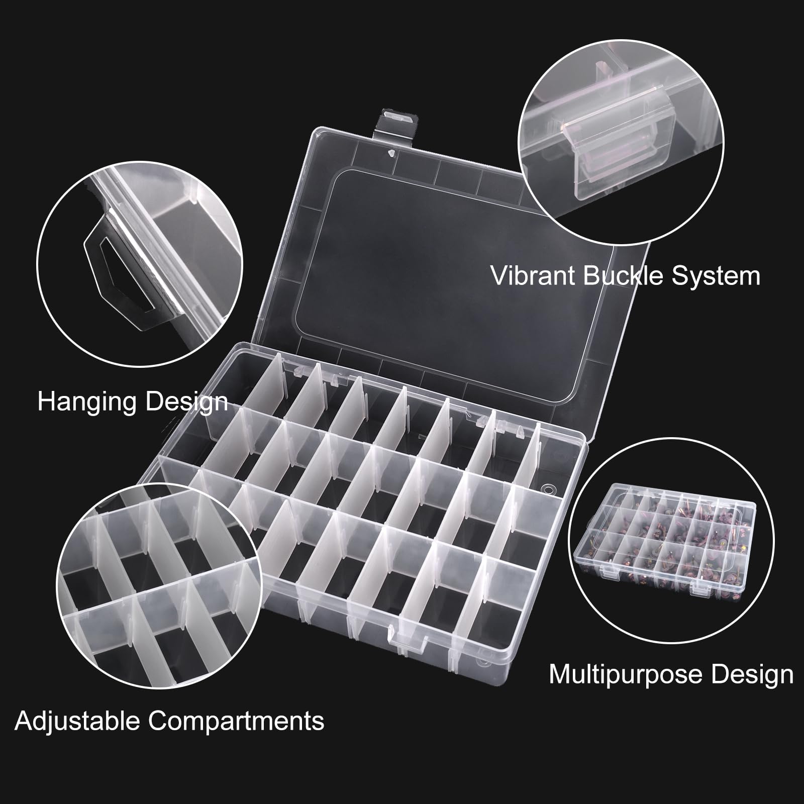 2 Pack 24 Grids Clear Plastic Storage Box with Adjustable Dividers - DIY Craft Organizer for Beads, Jewelry, Fishing Tackles - Includes 1 Sheet Label Stickers - Perfect for Home, Office & Travel Organization