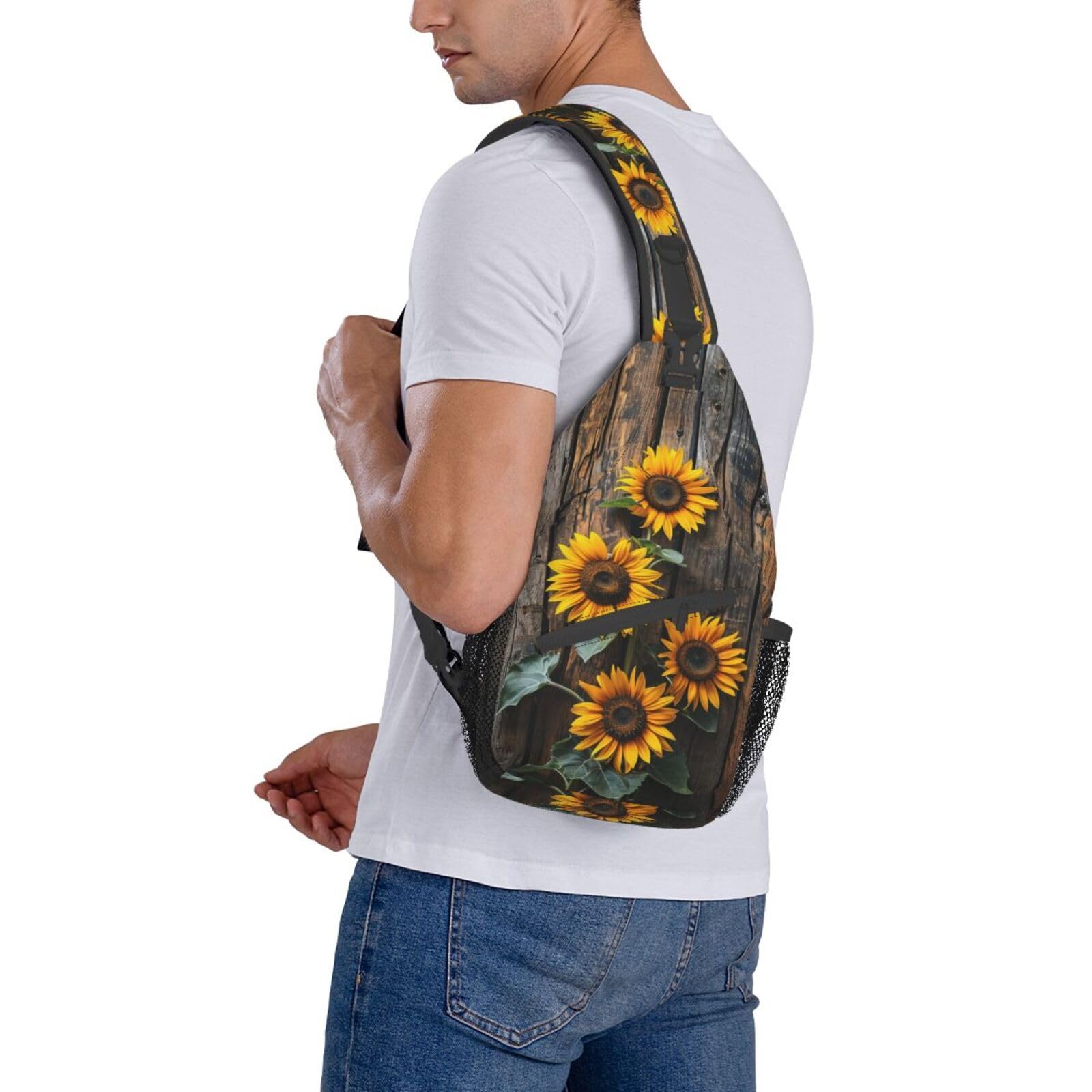 Sunflower Wooden Board Sling Backpack - Lightweight Waterproof Hiking Bag for Outdoor Sports