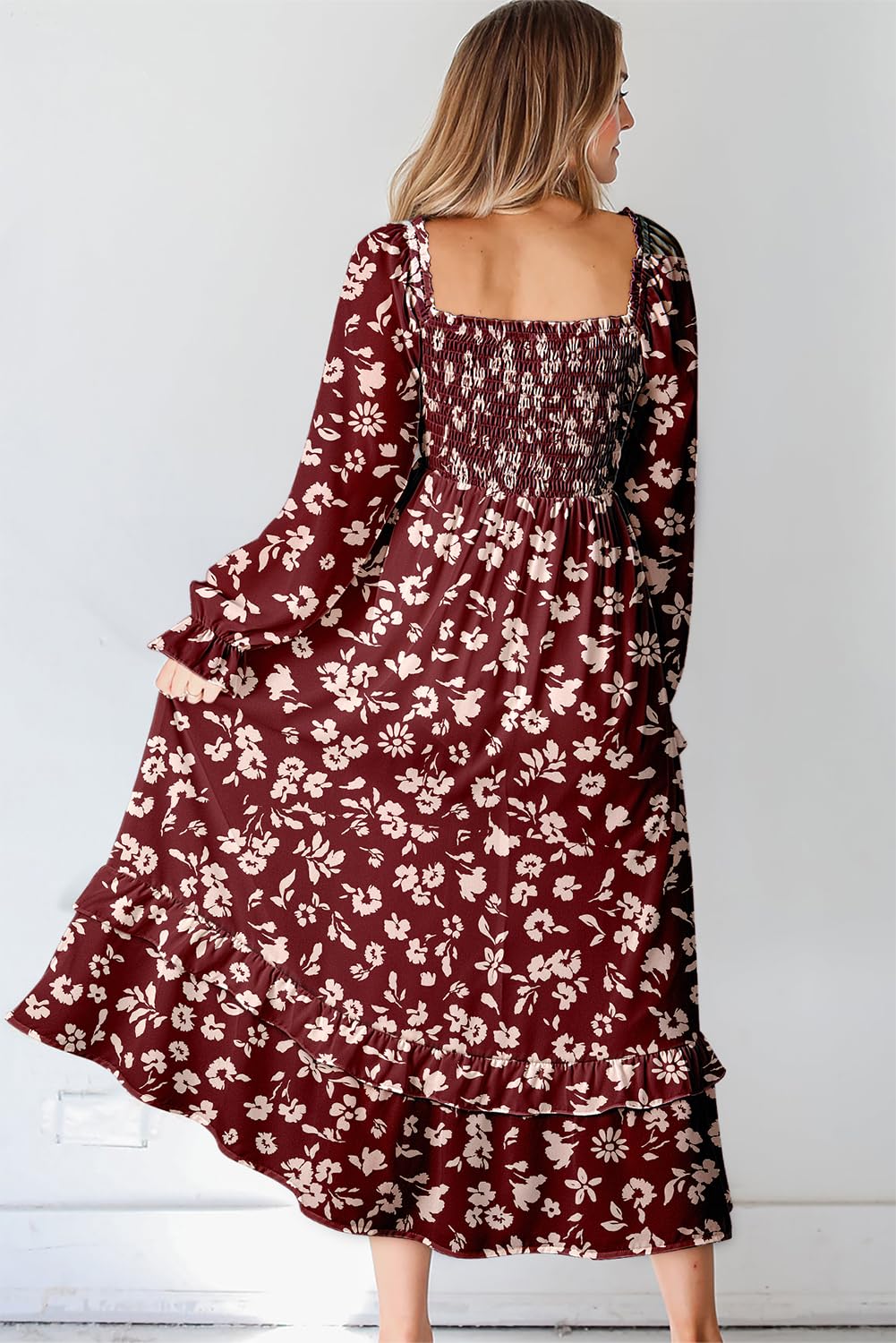 Dokotoo Women's Floral Maxi Dress - Casual Square Neck Long Sleeve Smocked Waist Tiered Ruffle Hem Spring Summer Dress | Perfect for Beach Vacation, Garden Party & Date Night Outfits