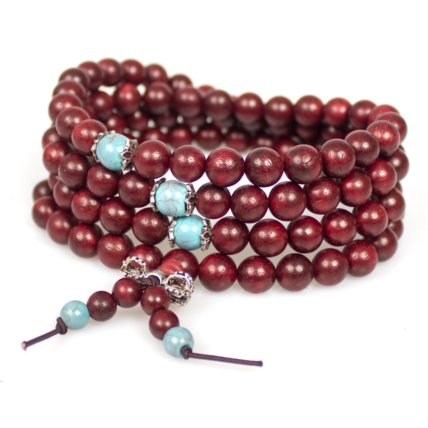 8mm Tibetan Buddha 108 Turquoise & Red Rosewood Prayer Mala Beads - Meditation Bracelet for Yoga, Mindfulness & Spiritual Practice