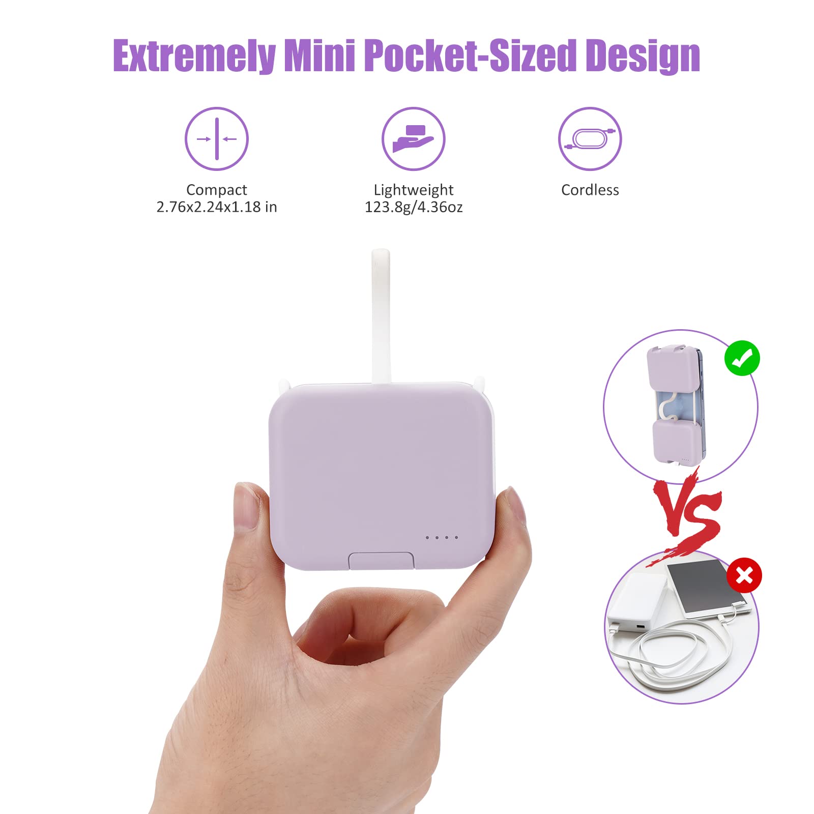 Portable Charger 4000mAh - Mini Power Bank with Built-in USB C Cable, Fast Charging External Battery Pack for iPhone 15/14/13, Samsung Galaxy S23/S22, Google Pixel 7/6 - Ultra Compact & Lightweight - Purple (Perfect for Travel, Camping, and Emergency Power Backup)