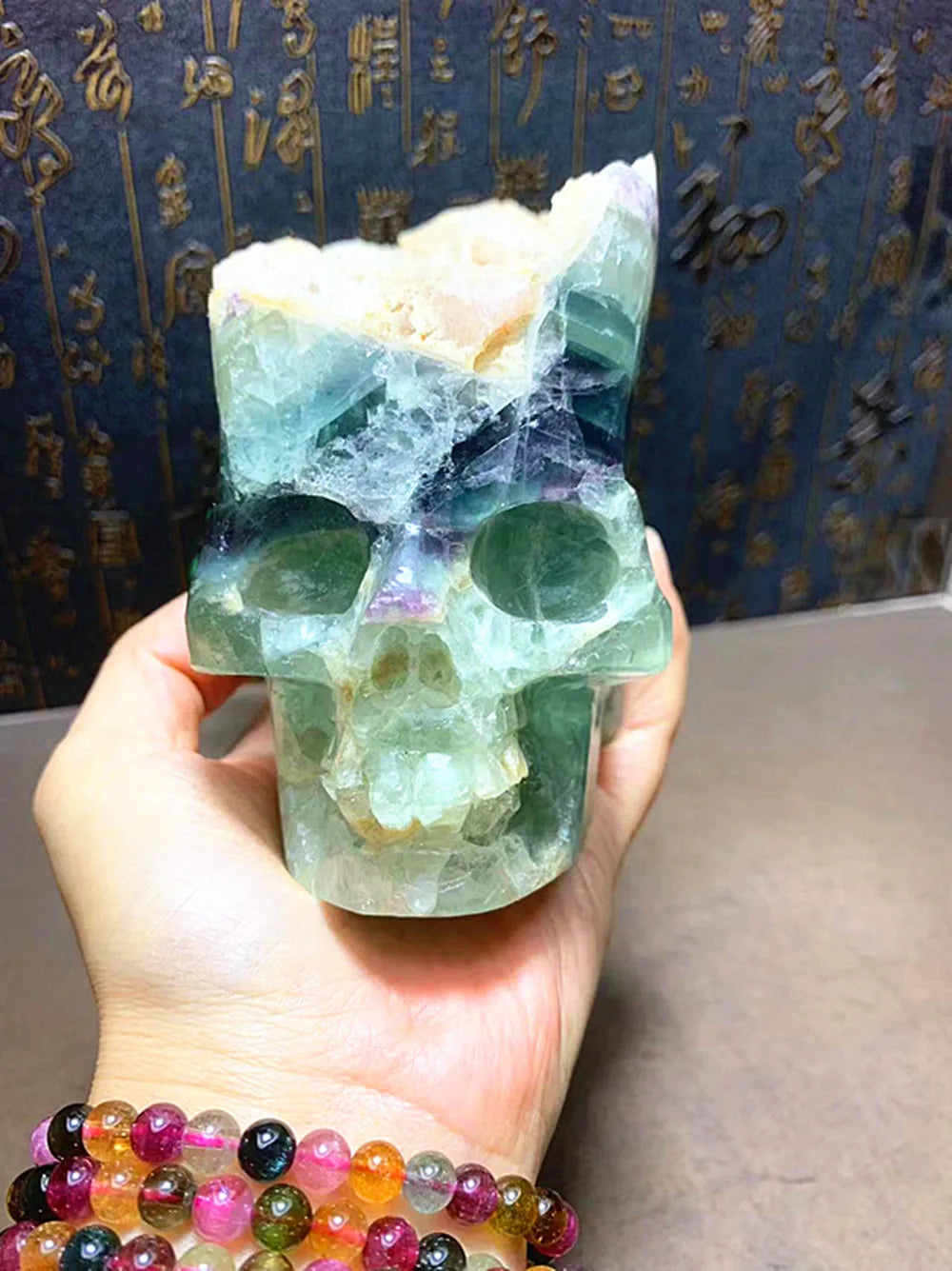 Natural Quartz Crystal Hand Carved Fluorite Skull - Unique Home Decor & Spiritual Healing Stone for Meditation, Yoga, and Feng Shui
