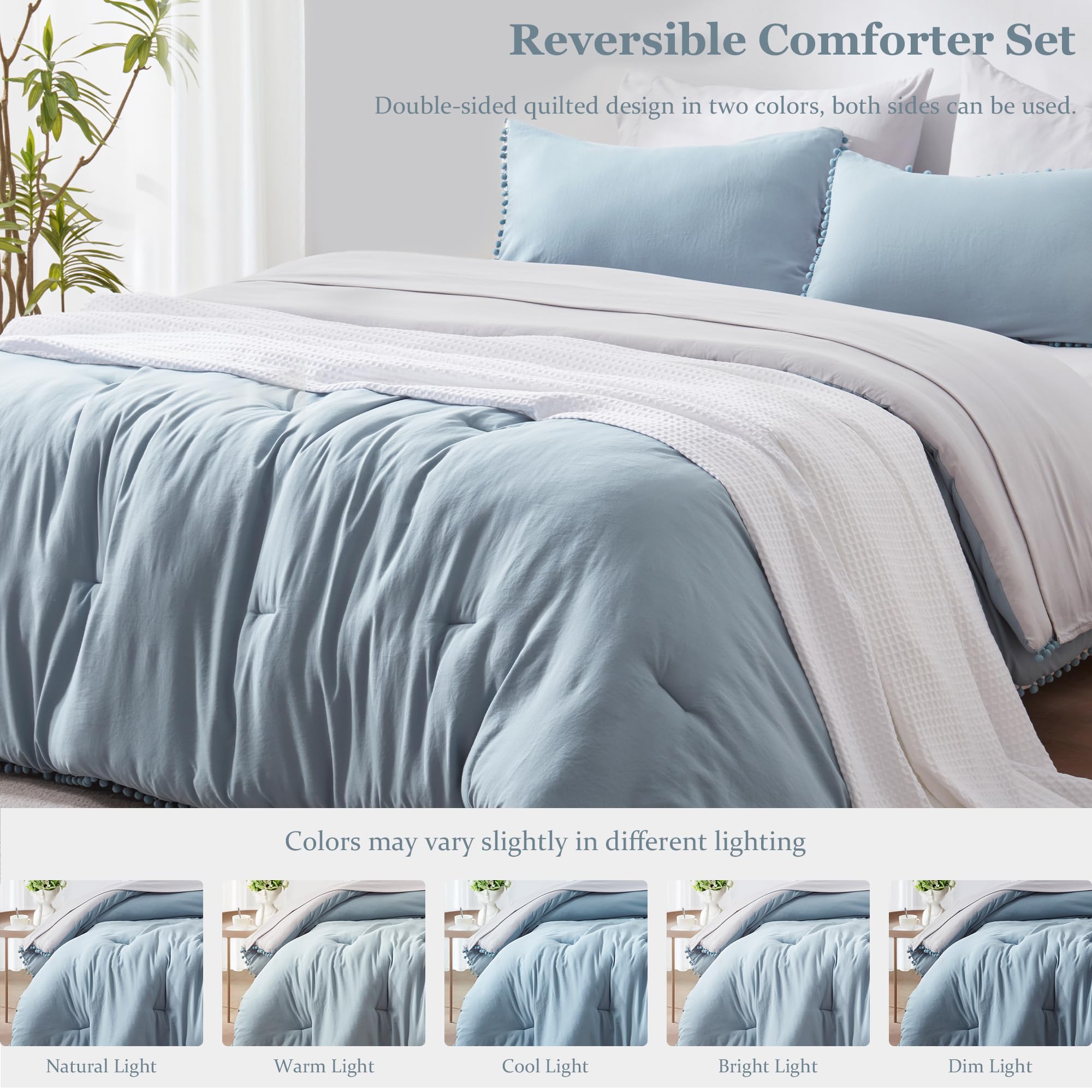 GRT 7-Piece Reversible Queen Size Comforter Set with Pom Pom Fringe - Blue Bedding Includes Comforter, Pillow Shams, Sheets & Pillowcases | Perfect for Master Bedroom, Guest Room & Cozy Home Decor