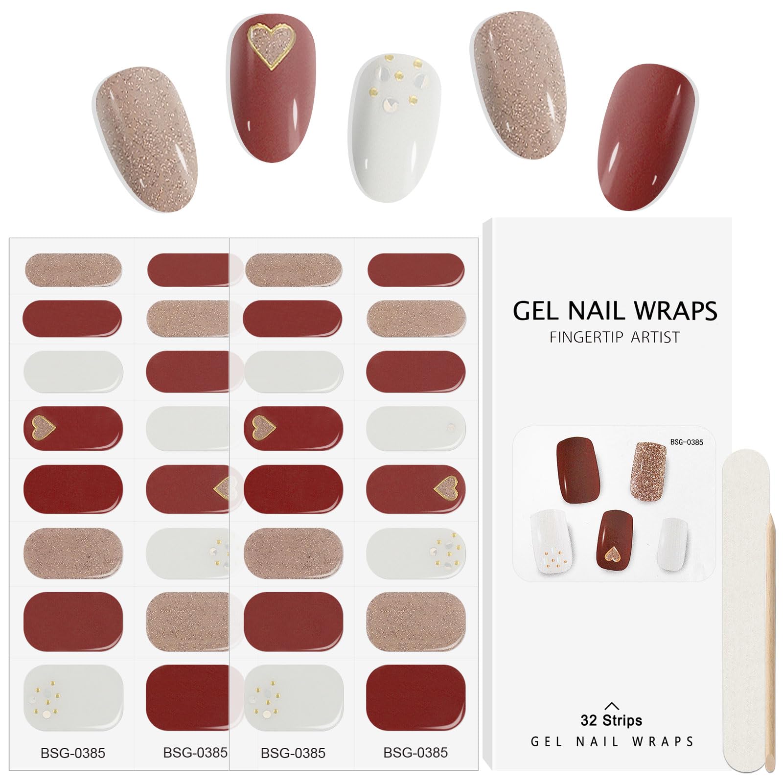 32Pcs Valentine Gel Nail Wraps - Heart Nail Art Stickers for Home Salon