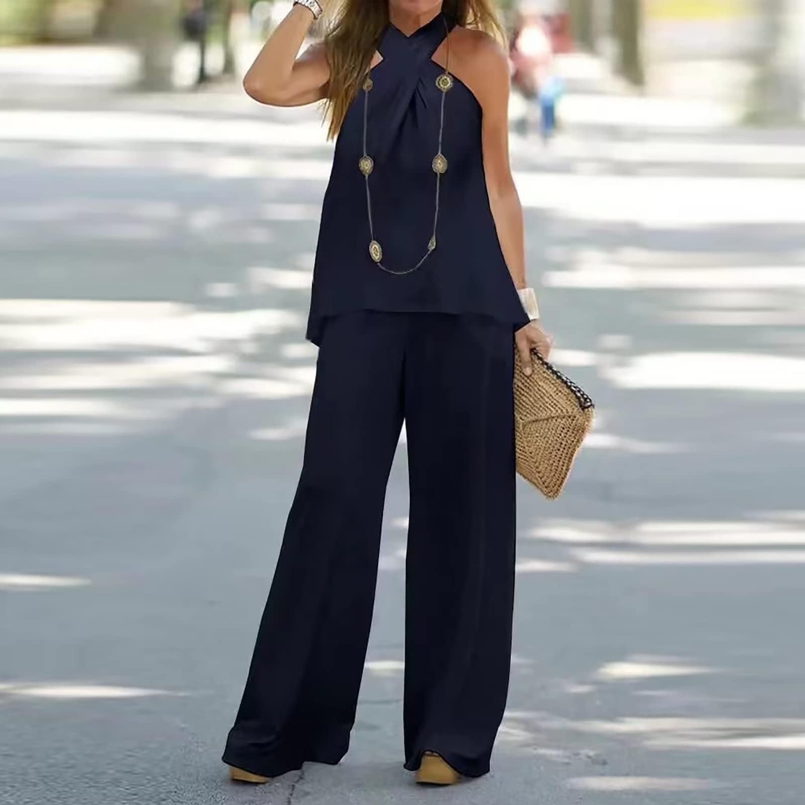 Women's 2 Piece Outfit Sets - 2024 Summer Sleeveless Tops & Wide Leg Lounge Pants Casual Sweatsuit for Home, Travel & Streetwear Fashion