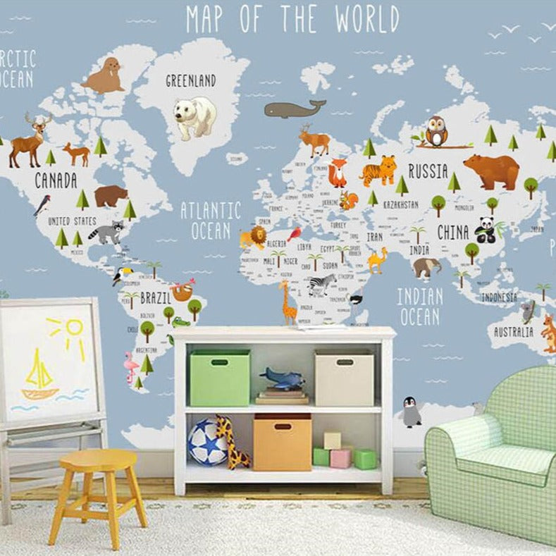 Skyland Nursery Light Blue and White World Map Wallpaper - Premium Peel and Stick Wall Decal for Kids Room Decor, Baby Nursery, Playroom & Classroom - Easy to Install & Remove