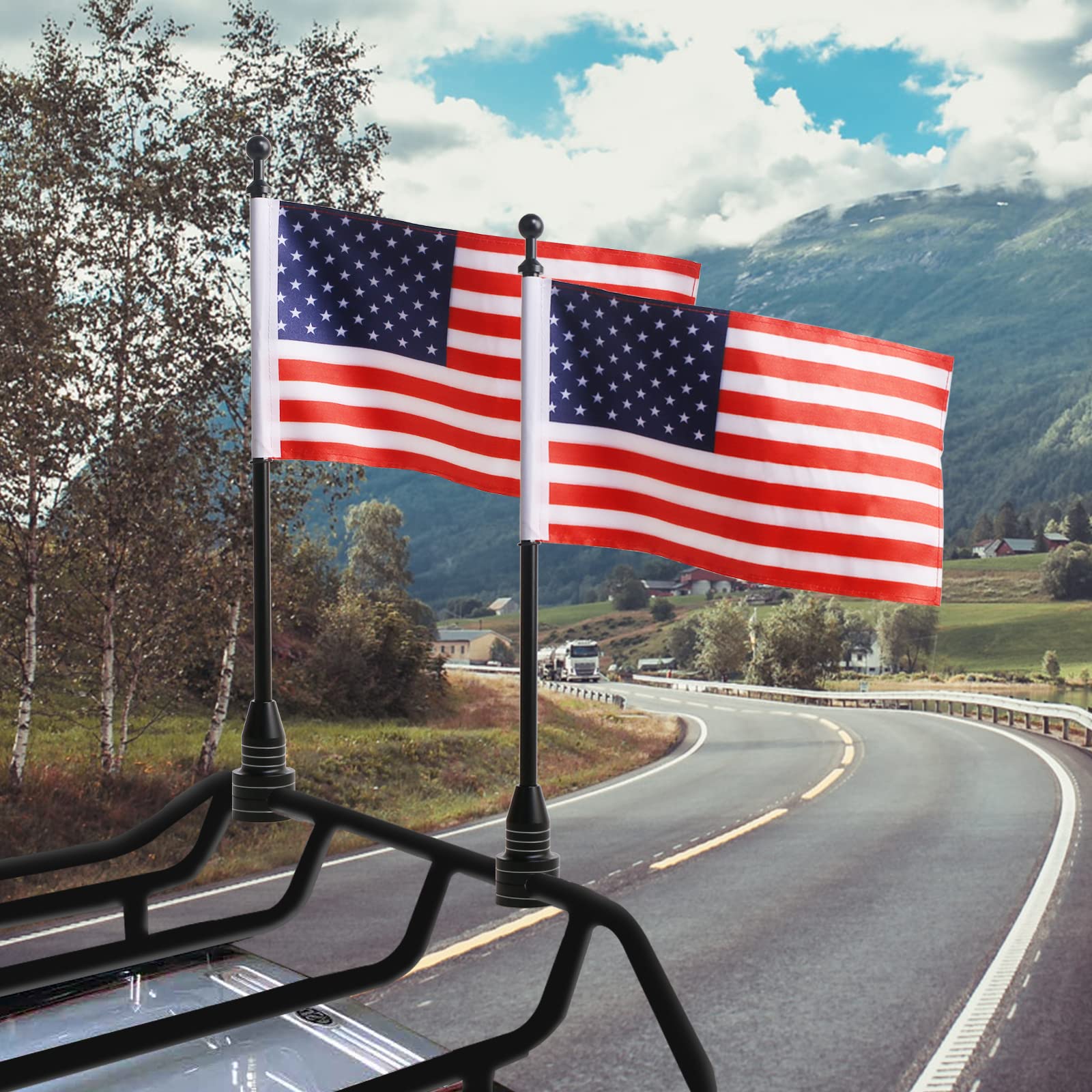 2 Pcs Motorcycle American Flag Kit - Red Line US Flags with Adjustable Flagpole Mounts for Harley Davidson, Honda Goldwing, CB, VTX, CBR & Yamaha Bikes (Fits 1/2