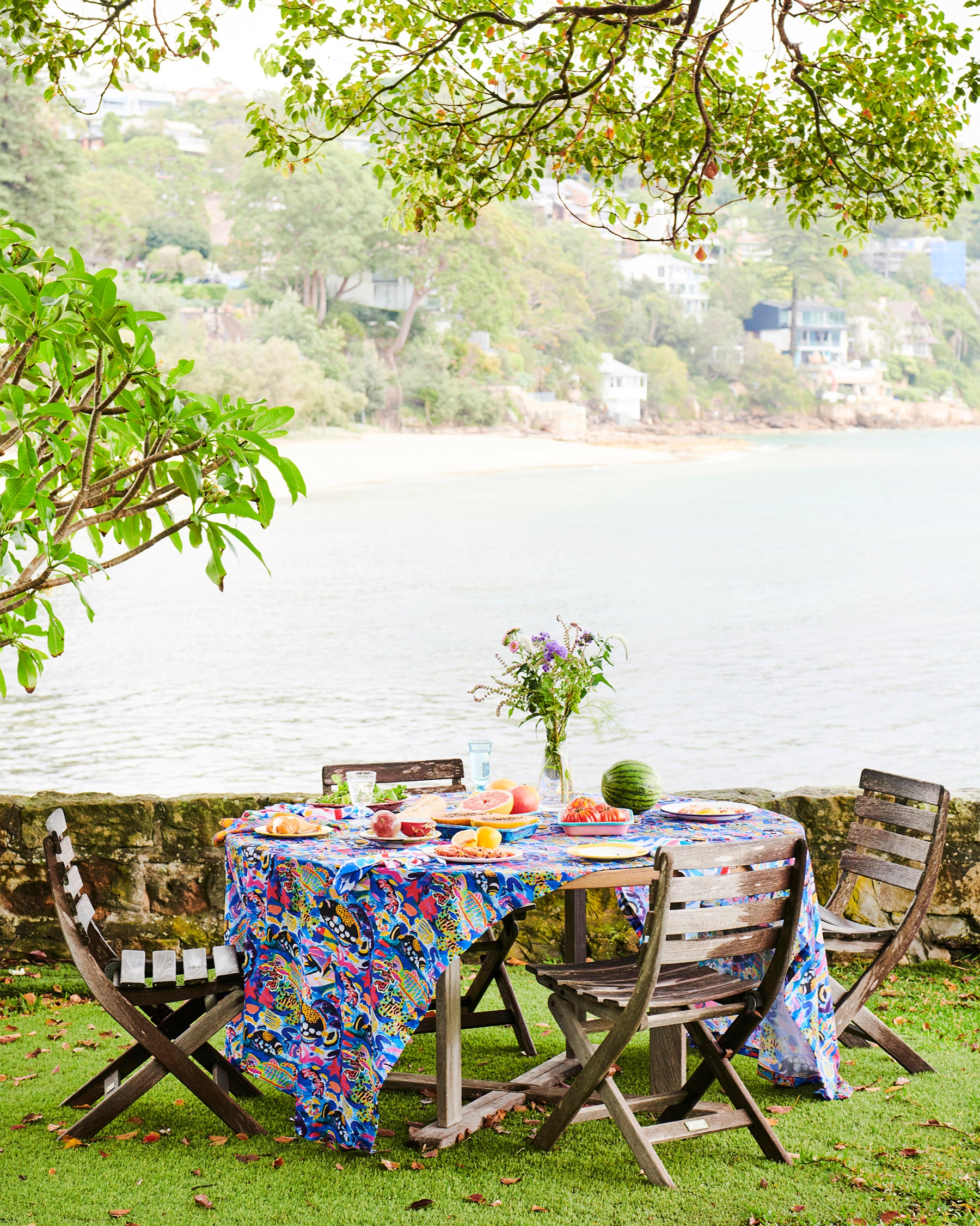 Kip&Co X Ken Done Barrier Reef Garden Round Linen Tablecloth - Stylish & Durable 100% Linen Table Cover for Dining, Outdoor Picnics & Beach Parties