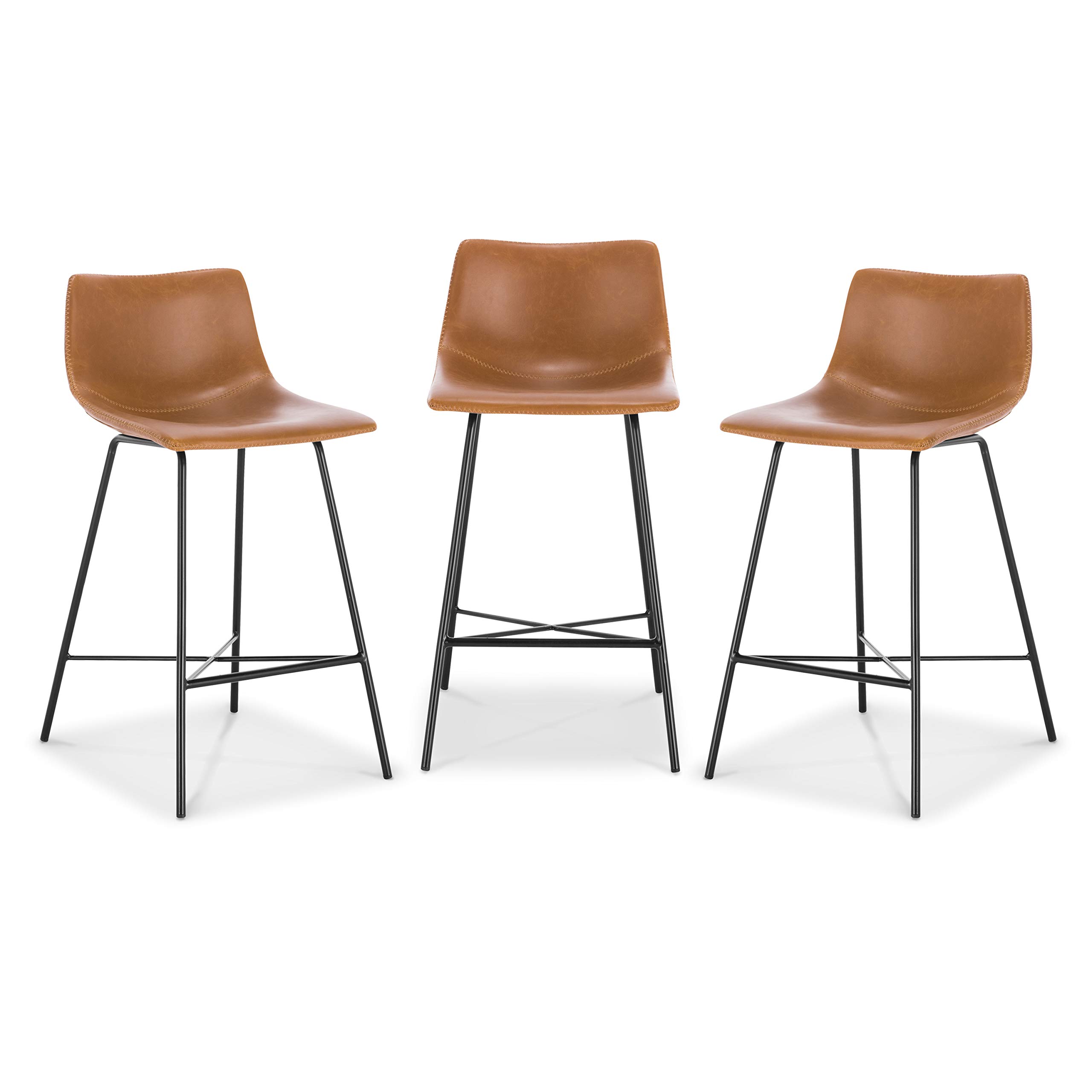 Poly and Bark Counter Stool 24 Inches - Set of 3 Modern Counter Height Bar Stools with Backs - Sturdy & Comfortable Kitchen Island Barstools for Dining & Entertaining - Tan Fabric Upholstery - Perfect for Breakfast Nooks, Kitchen Islands & Home Bars