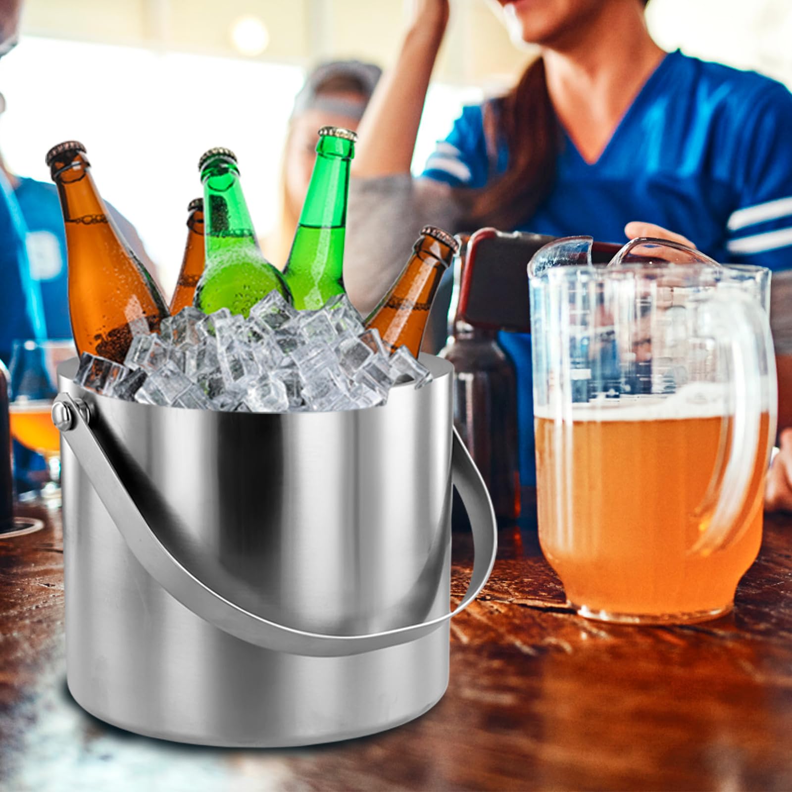 Premium Stainless Steel Ice Bucket with Lid - 3L Double-Walled Insulated Container with Strainer & Tong - Leakproof Silicone Cover for Cocktails, Wine, and Party Drinks - Perfect for Home Bars, Weddings, and Outdoor Gatherings (Silver)