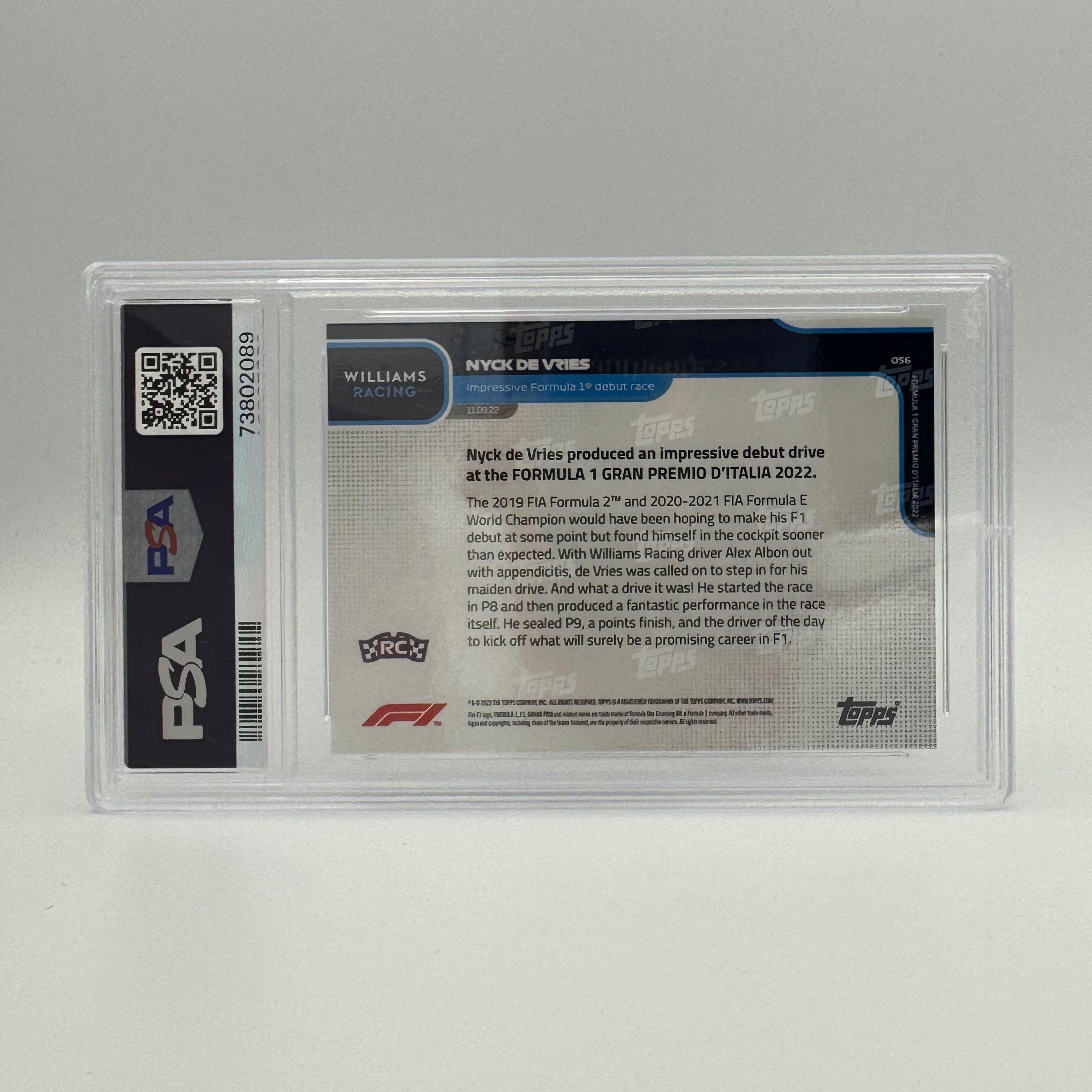 PSA 10 Graded 1979/99 NYCK DE VRIES #56 Black Racing Card - Perfect for Collectors, Sports Memorabilia & F1 Racing Fans