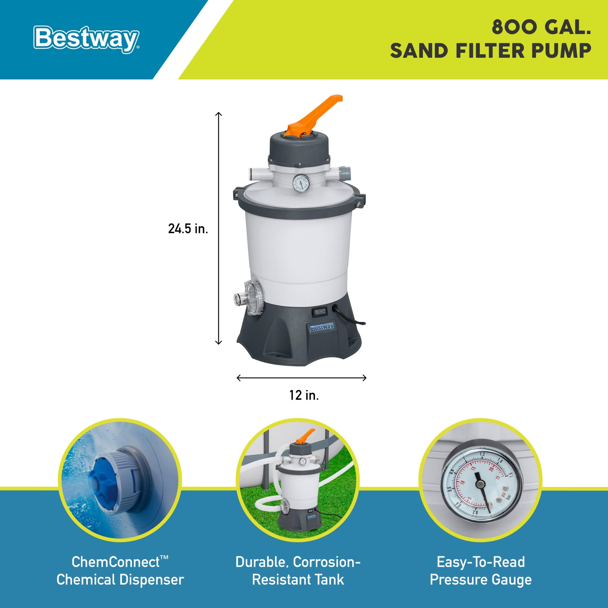 Bestway Flowclear 800 Gallon Sand Filter Pump for Above Ground Pools - Includes ChemConnect Chemical Dispenser, Pre-Filter Strainer & Top Flange Clamp - Easy Maintenance & Crystal Clear Water - Perfect for Backyard, Inflatable & Frame Pools (White)