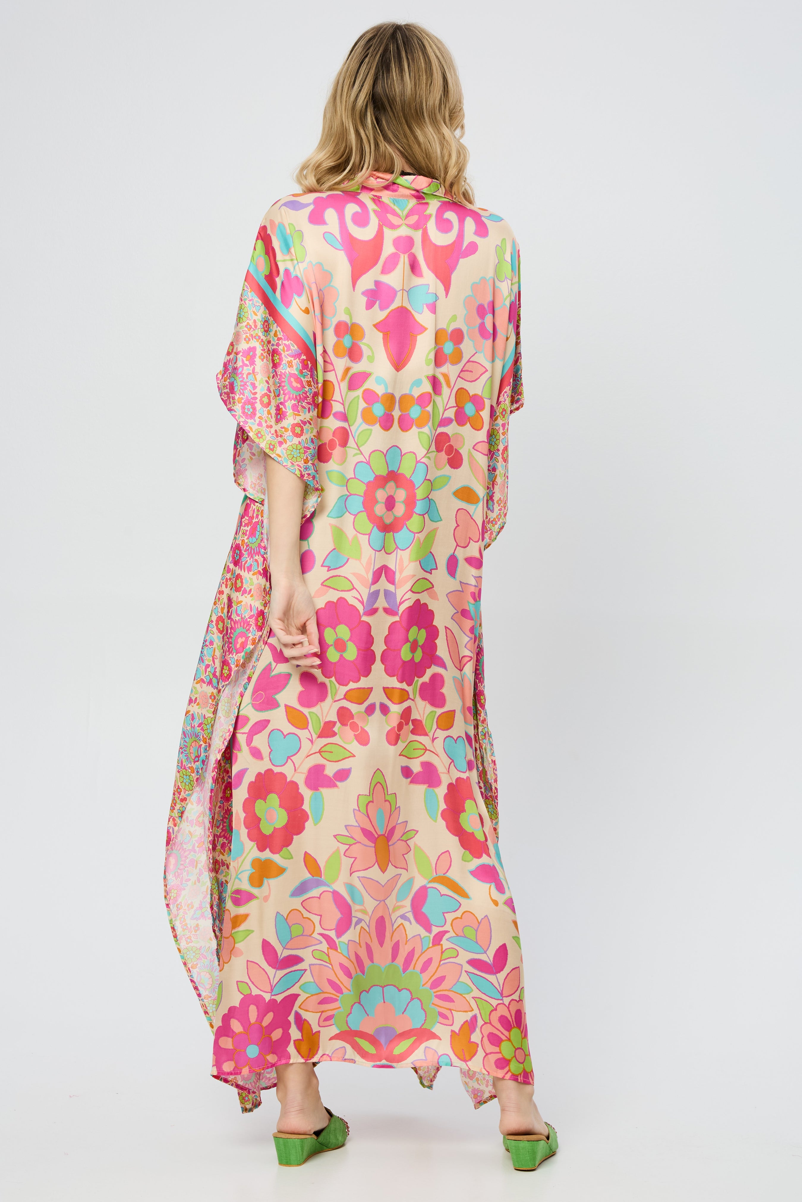 Stylish Multicolored Floral Print Collared Kaftan Dress for Women | Beach Cover Up, Summer Vacation, Boho Chic Outfit
