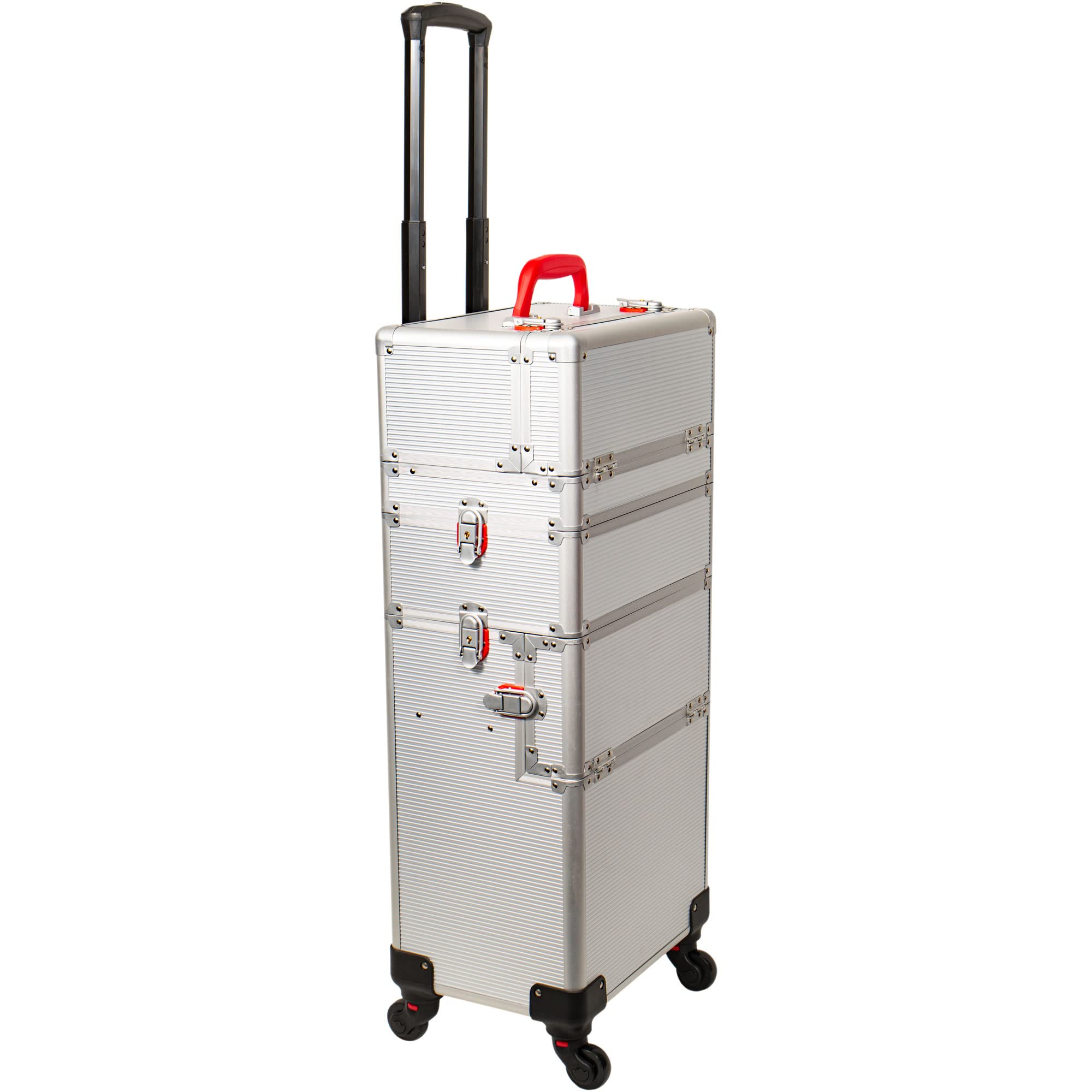 HIKER 2-in-1 Professional Makeup Rolling Case & Hair Stylist Organizer - 3 Slide Compartments, Removable Tray, 4-Wheel Spinner with Lock, Built-in Mirror & Shoulder Strap - Silver Matte | Perfect for Salon Professionals & Mobile Makeup Artists