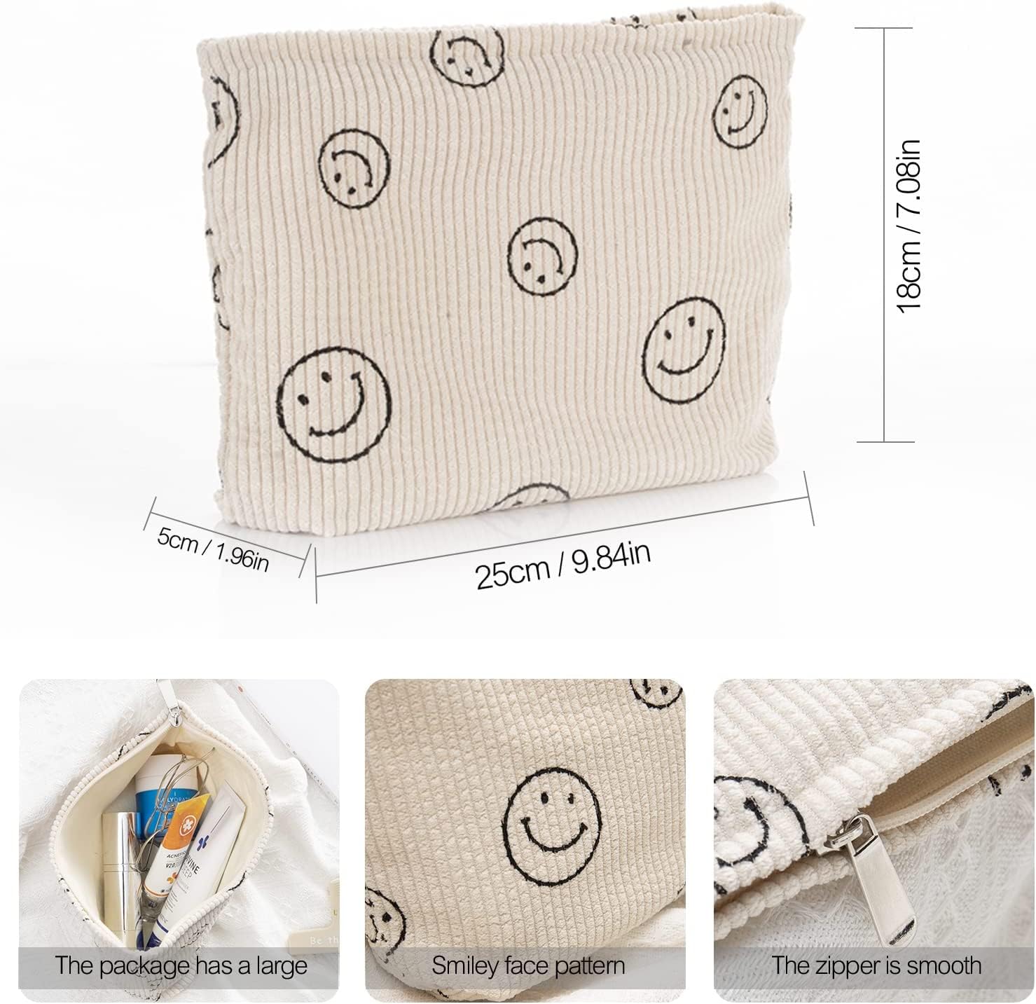 Corduroy Makeup Bag for Women - Small Aesthetic Cosmetic Organizer with Smile Dots Design, Travel Toiletry Pouch (Beige, 25x5x18cm) | Perfect for Daily Makeup Storage, Travel Essentials & Gift for Girls