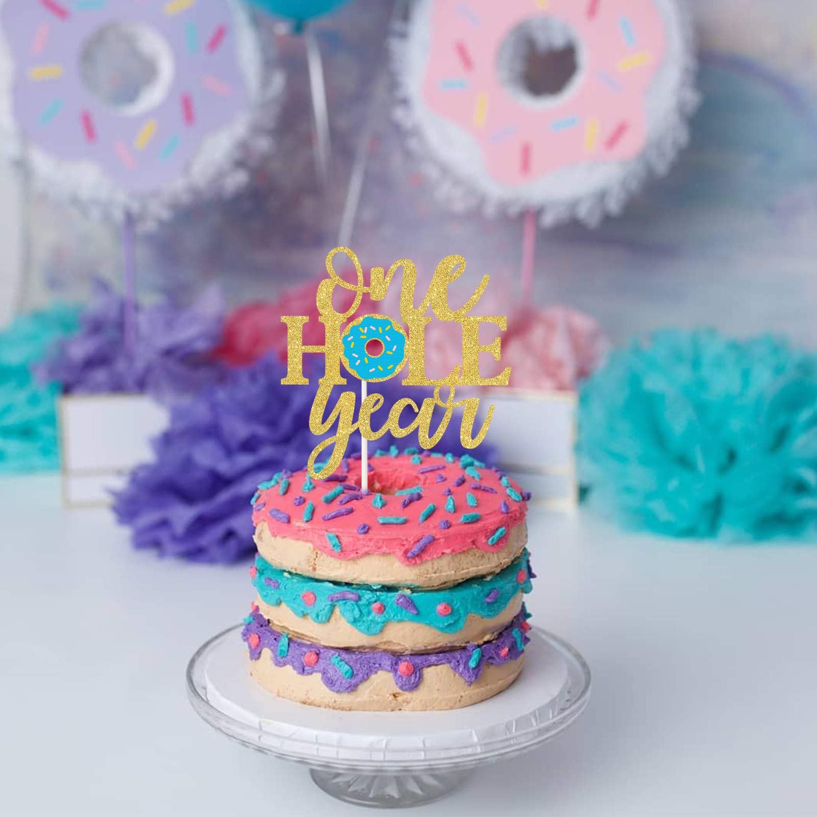 One Hole Donut Cake Topper - First Birthday & Grow Up Cake Decorations - Happy 1st Birthday Party Supplies - Donut Smash Photo Prop for Baby Shower & Milestone Celebrations