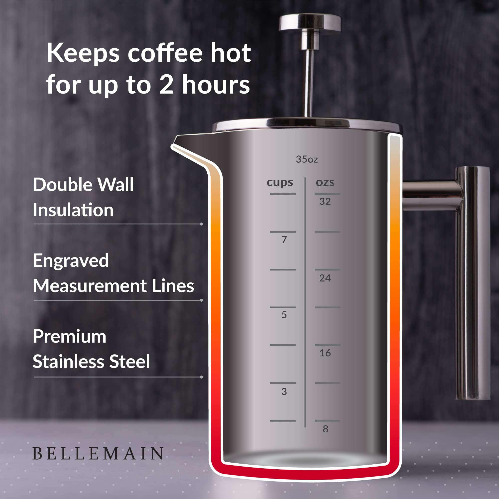 Bellemain Stainless Steel French Press Coffee Maker - 35 oz with Extra Filters for Rich, Bold Coffee - Perfect for Home, Office, and Camping Use