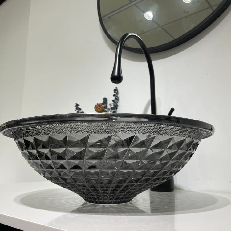 Premium InArt Modular Vanity Crystal Glass Wash Basin - 16x16 Inch Glossy Black Vessel Sink for Bathroom Countertop | Modern Tabletop Basin for Master Bath, Powder Room & Luxury Washroom Decor