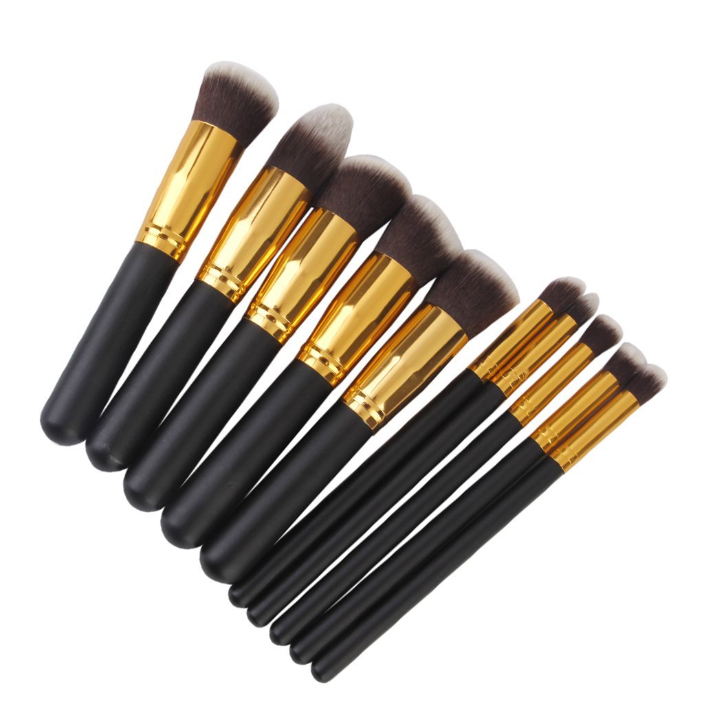 TYAGIRL 10-Piece Wooden Handle Makeup Brush Set with Aluminum Tube & Fiber Bristles - Black & Golden for Foundation, Blending, Eyeshadow & Contouring - Perfect for Professional Makeup Artists & Beginners