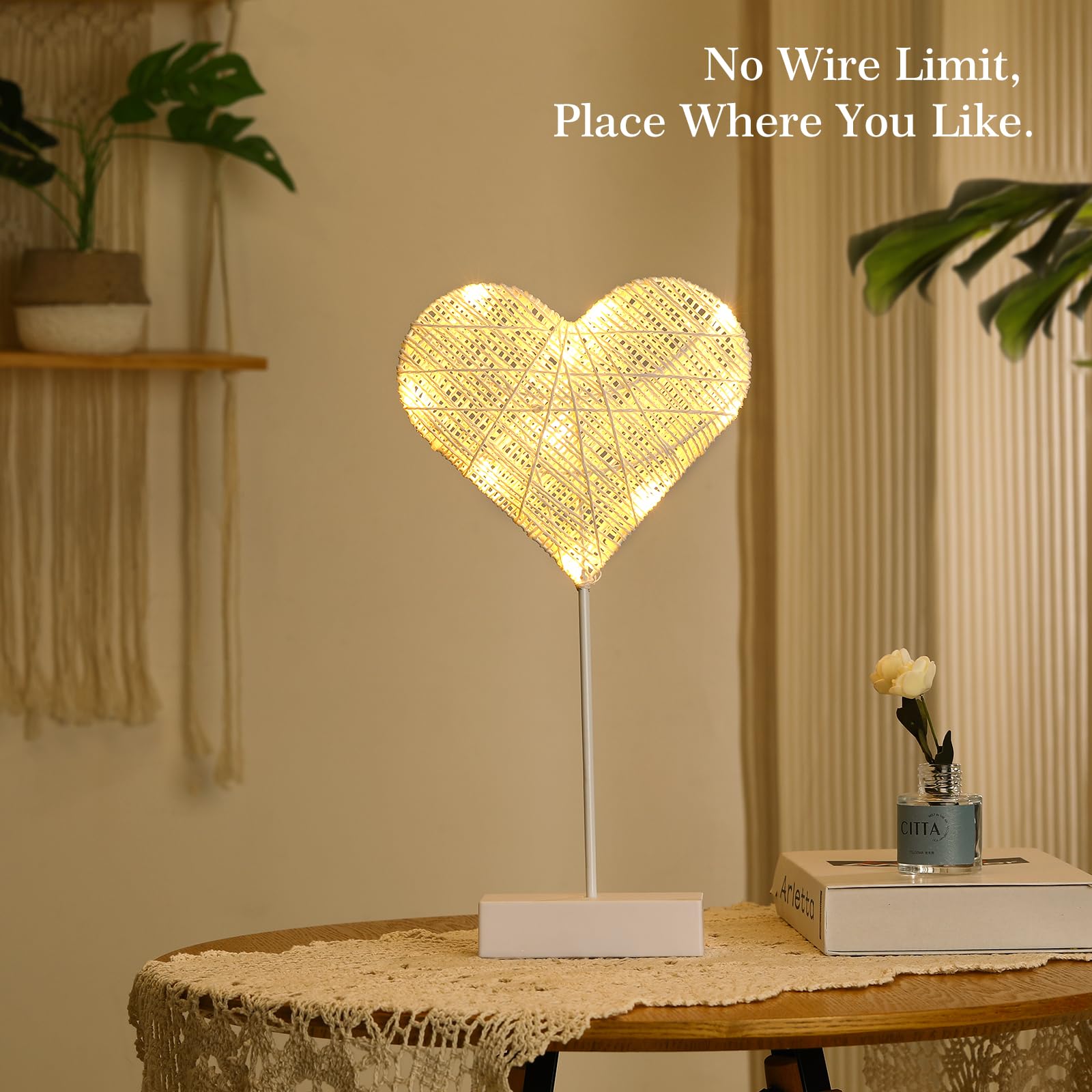 Romantic Heart-Shaped LED Table Lamp - Battery Powered Cotton Thread Night Light for Bedroom, Valentine's Day & Christmas Decor - Perfect for Bedside, Dorm Room, and Cozy Home Ambiance (White)