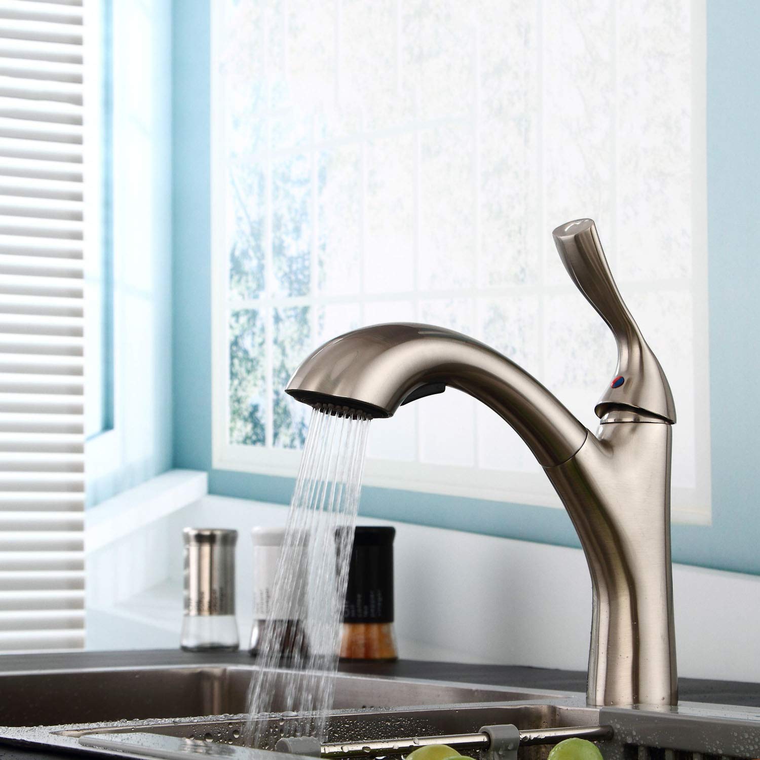 Homelava 360° Rotatable Pull Out Kitchen Faucet - Brushed Nickel One-Handle Low Arc Sink Faucet with Classic Stainless Steel Design | Perfect for Modern Kitchens, Dishwashing & Food Prep Areas