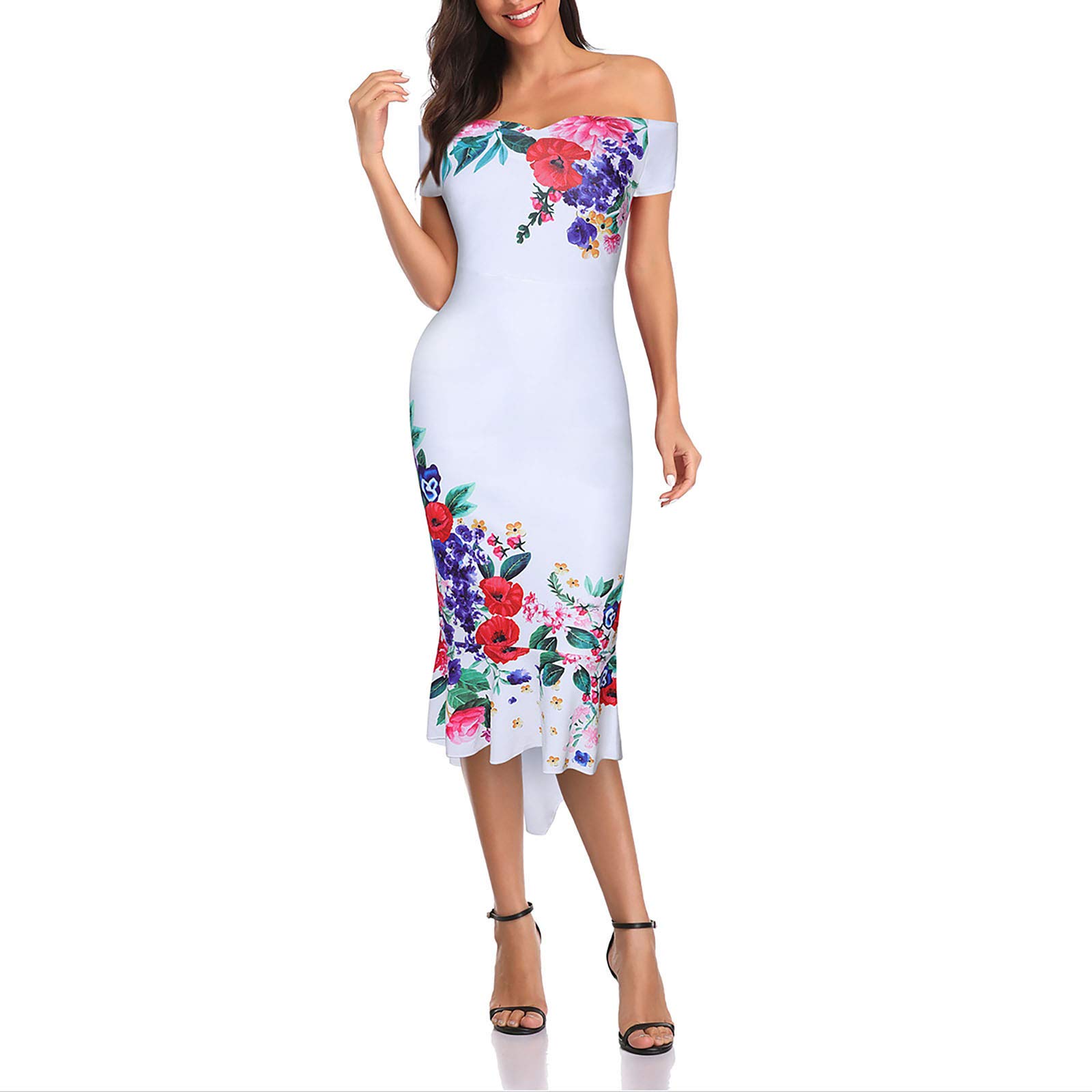 VIVIYY Women's Floral Print Summer Dress - Short Sleeve, Off Shoulder, Asymmetrical Hem Fishtail Maxi Dress for Beach, Party & Date Night