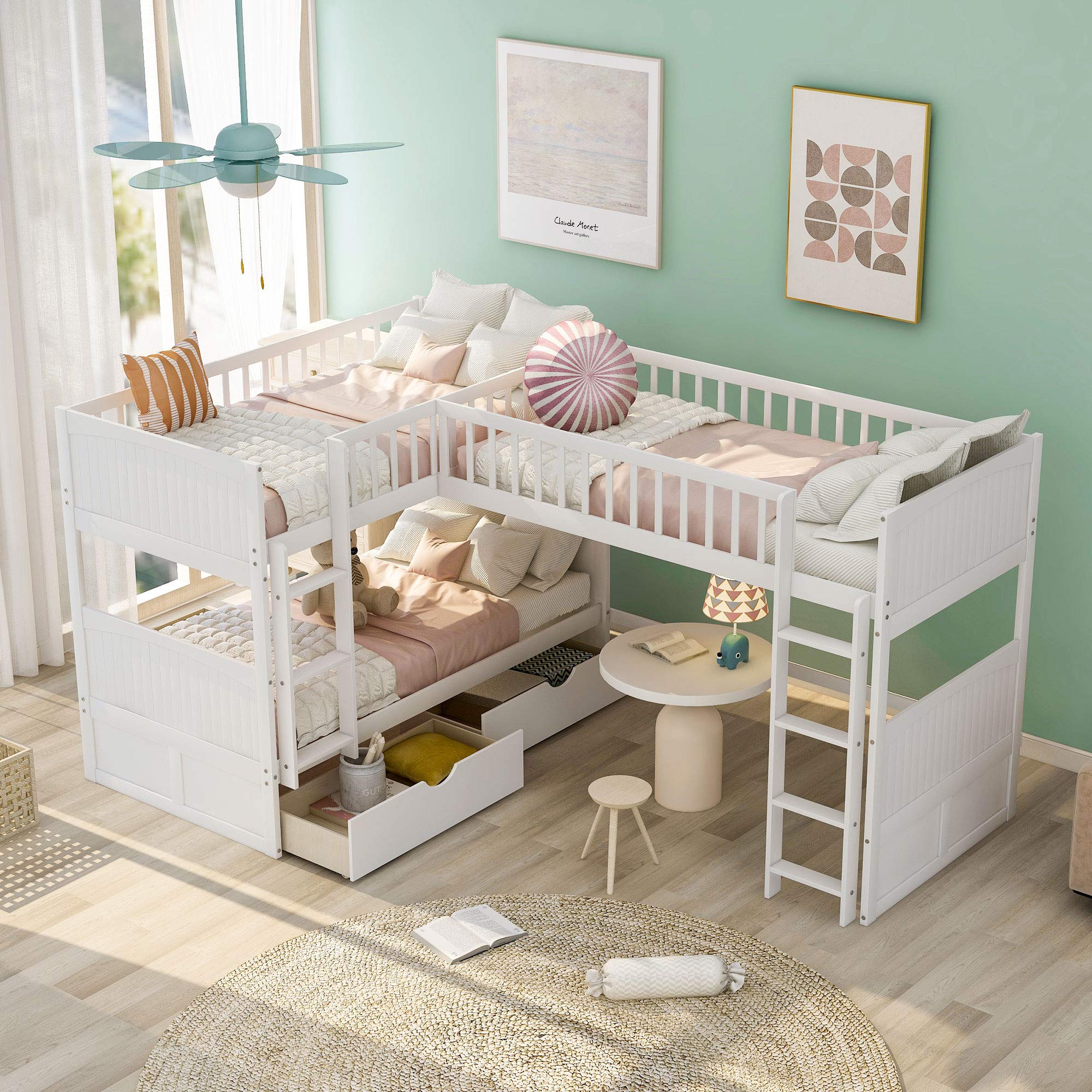 KLMM Twin Over Twin L-Shaped Corner Bunk Bed with Loft - Space-Saving 3-Person Bunk Bed Frame with 2 Storage Drawers & Dual Ladders for Kids, Teens & Adults (White) - Perfect for Small Bedrooms, Guest Rooms & Vacation Homes